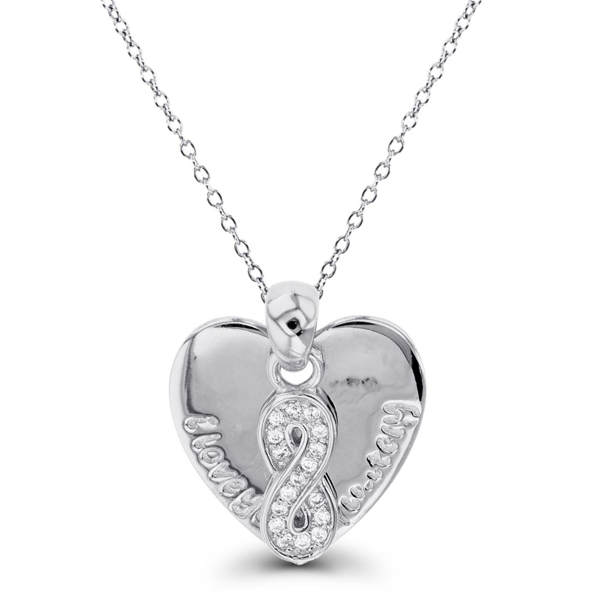 Sterling Silver Rhodium Rnd White CZ Infinity &" I Love You Infinitely"High Polish Heart 18"Necklace