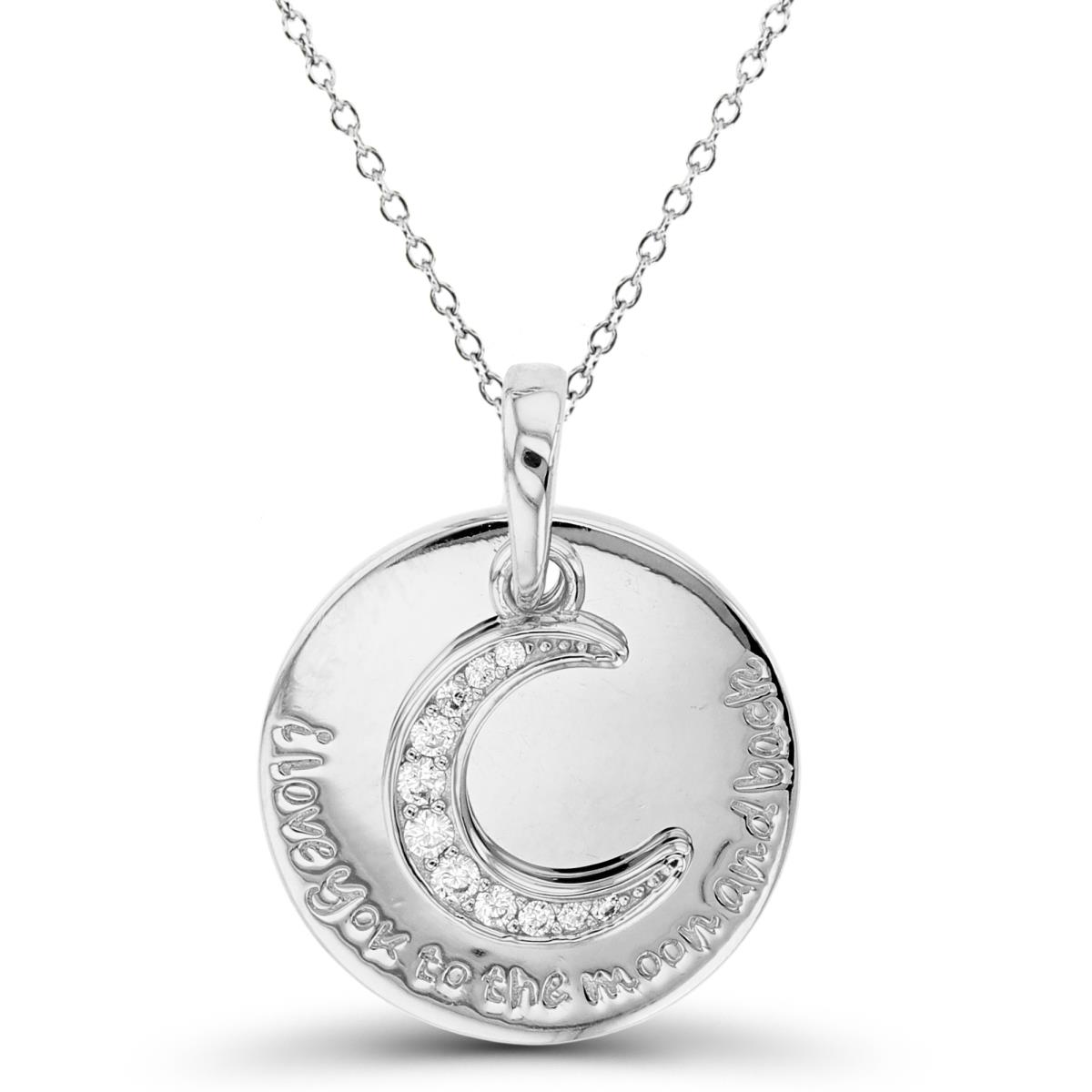 Sterling Silver Rhodium Rnd White CZ Moon &"I Love You To The Moon"High Polish Engraved Circle 18"Necklace