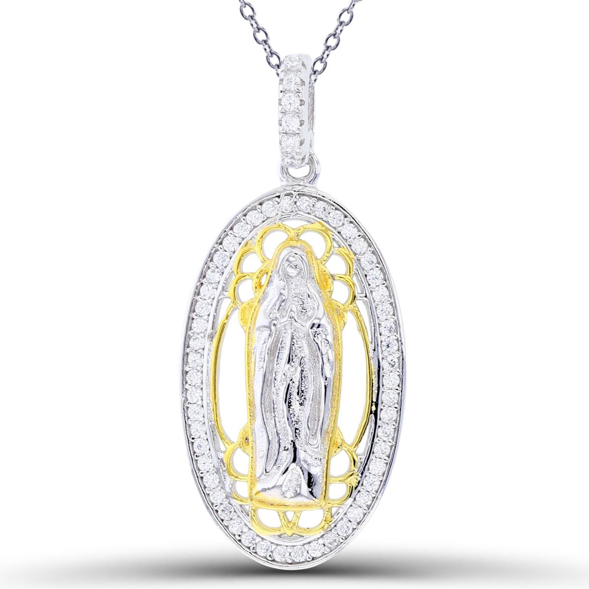 Sterling Silver Two-Tone (Y/W) Rnd White CZ Polish & Textured Vergin Mary Oval 18"Necklace