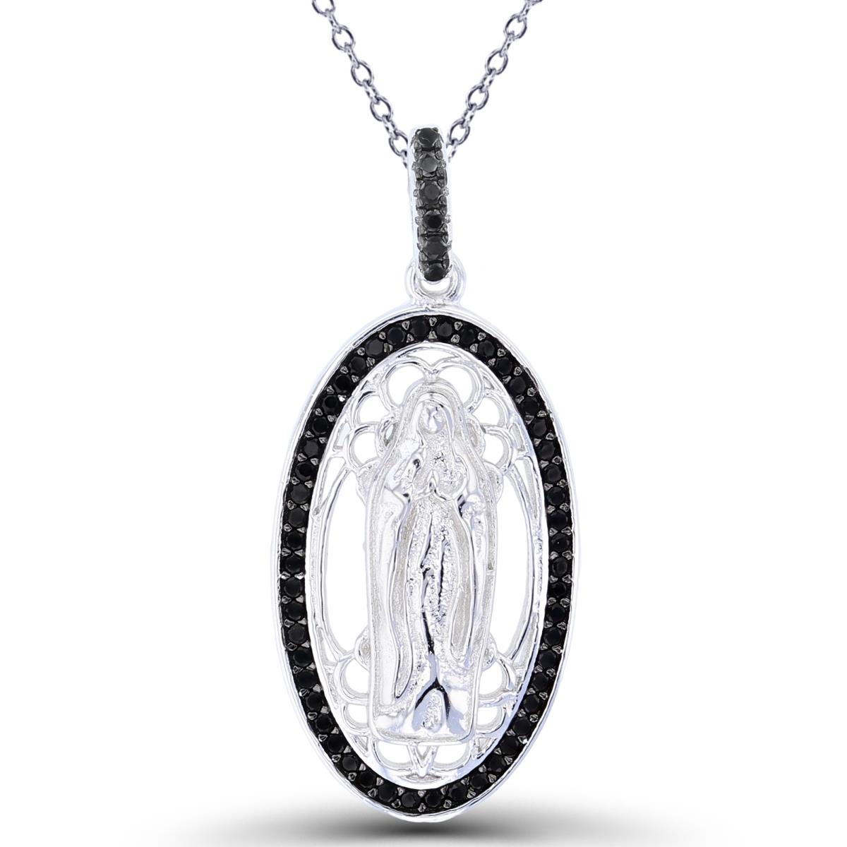 Sterling Silver Two-Tone (B/W) Rnd Black Spinel Polish & Textured Vergin Mary Oval 18"Necklace