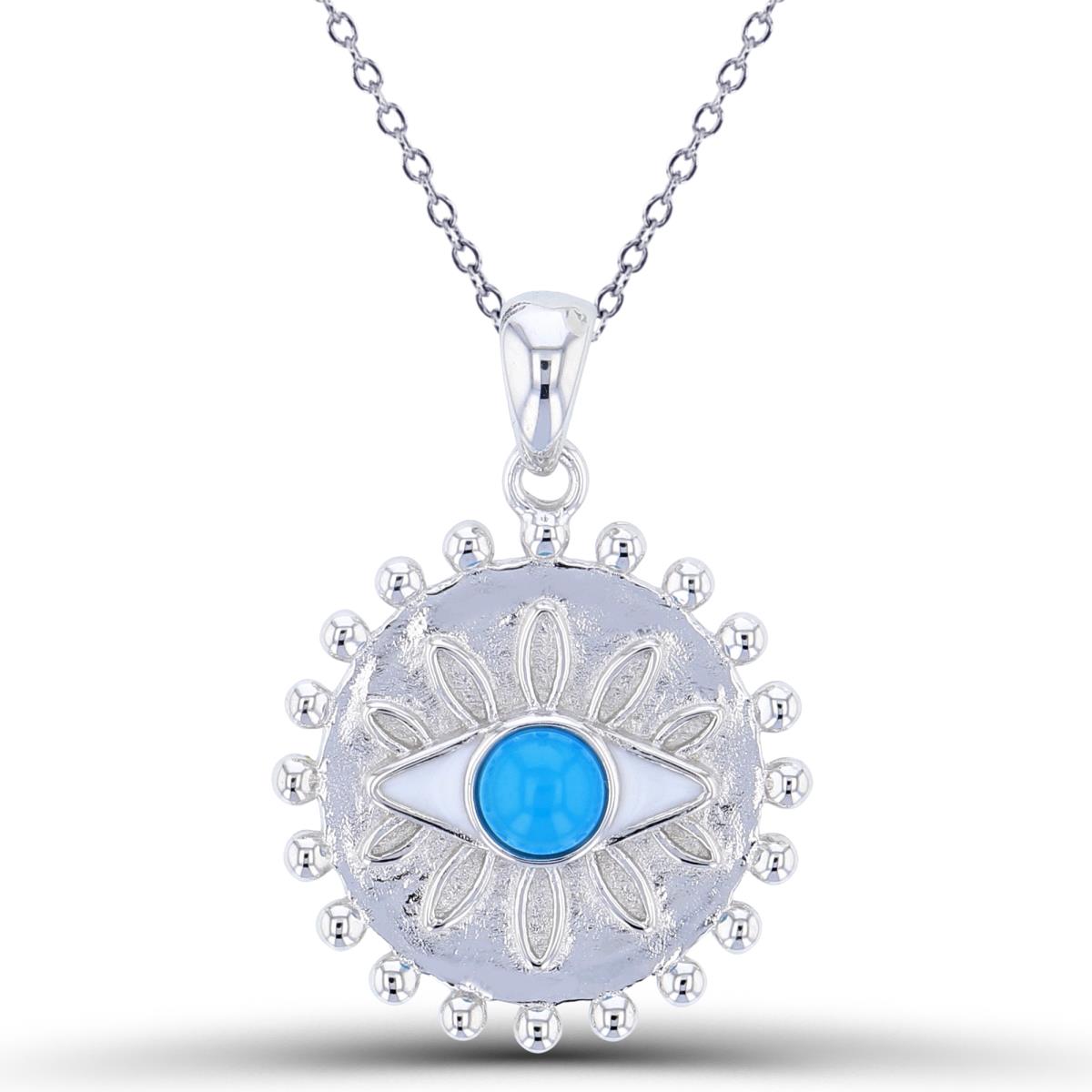Sterling Silver Rhodium 4mm Rnd Nano Turquoise/White Enamel Evil Eye on Textured Circle 18"Necklace