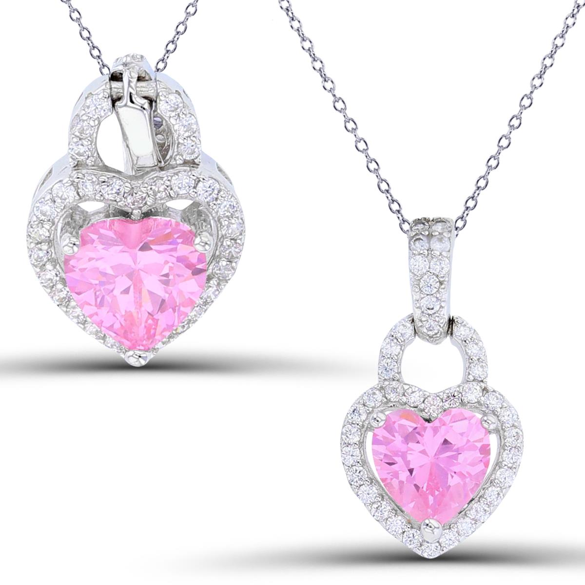 Sterling Silver Rhodium 6mm HS Pink CZ Center & Rnd White CZ Halo Heart 18"Necklace