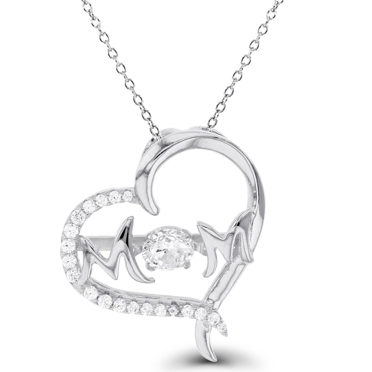 Sterling Silver Rhodium 5mm Rnd White CZ Dancing in "MOM" Open Heart 18"Necklace