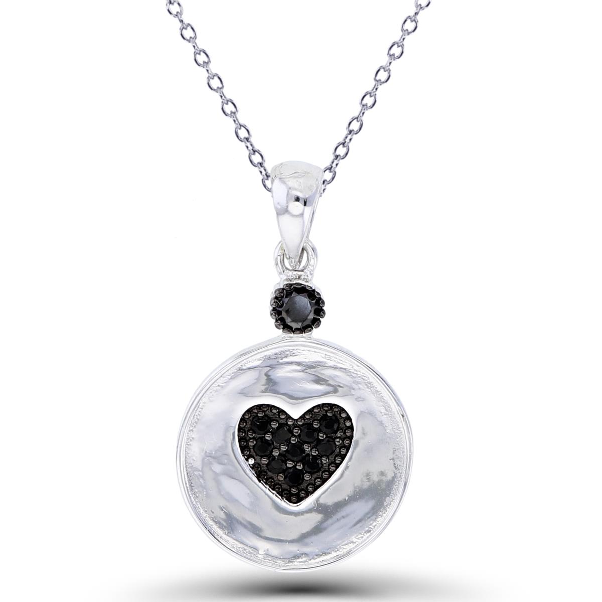 Sterling Silver Two-Tone Rnd Black Spinel Micropave Heart on High Polish Flat Circle 18"Necklace