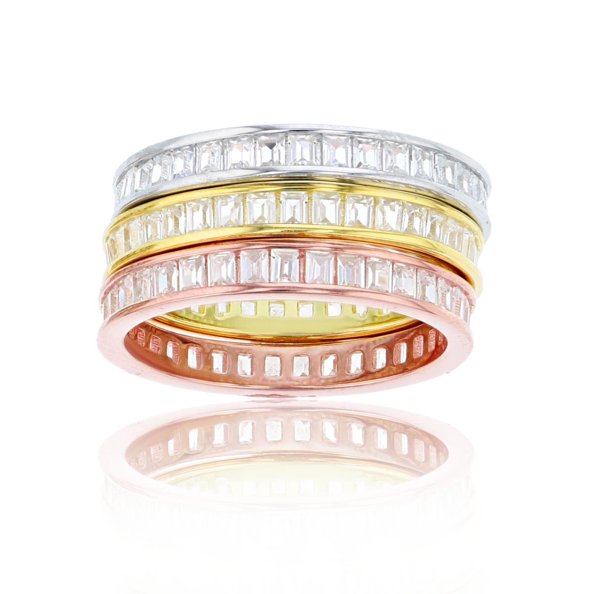 Sterling Silver Tricolor 1-Micron Baguette Channel Set Stack Ring