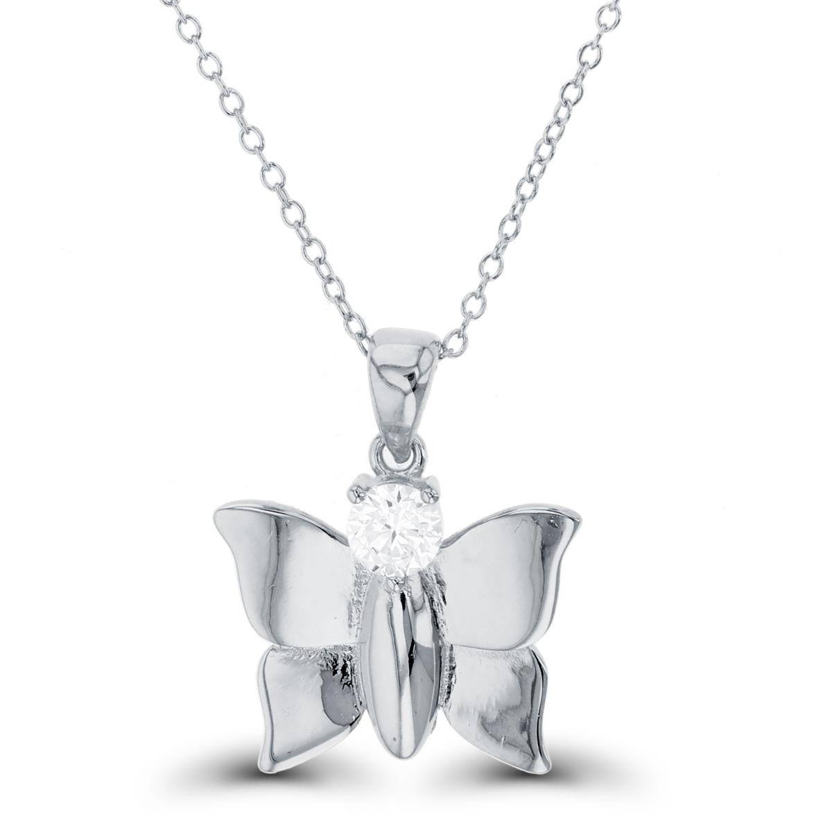 Sterling Silver Rhodium 4.5mm Rnd White CZ High Polish Butterfly 16+2"Necklace