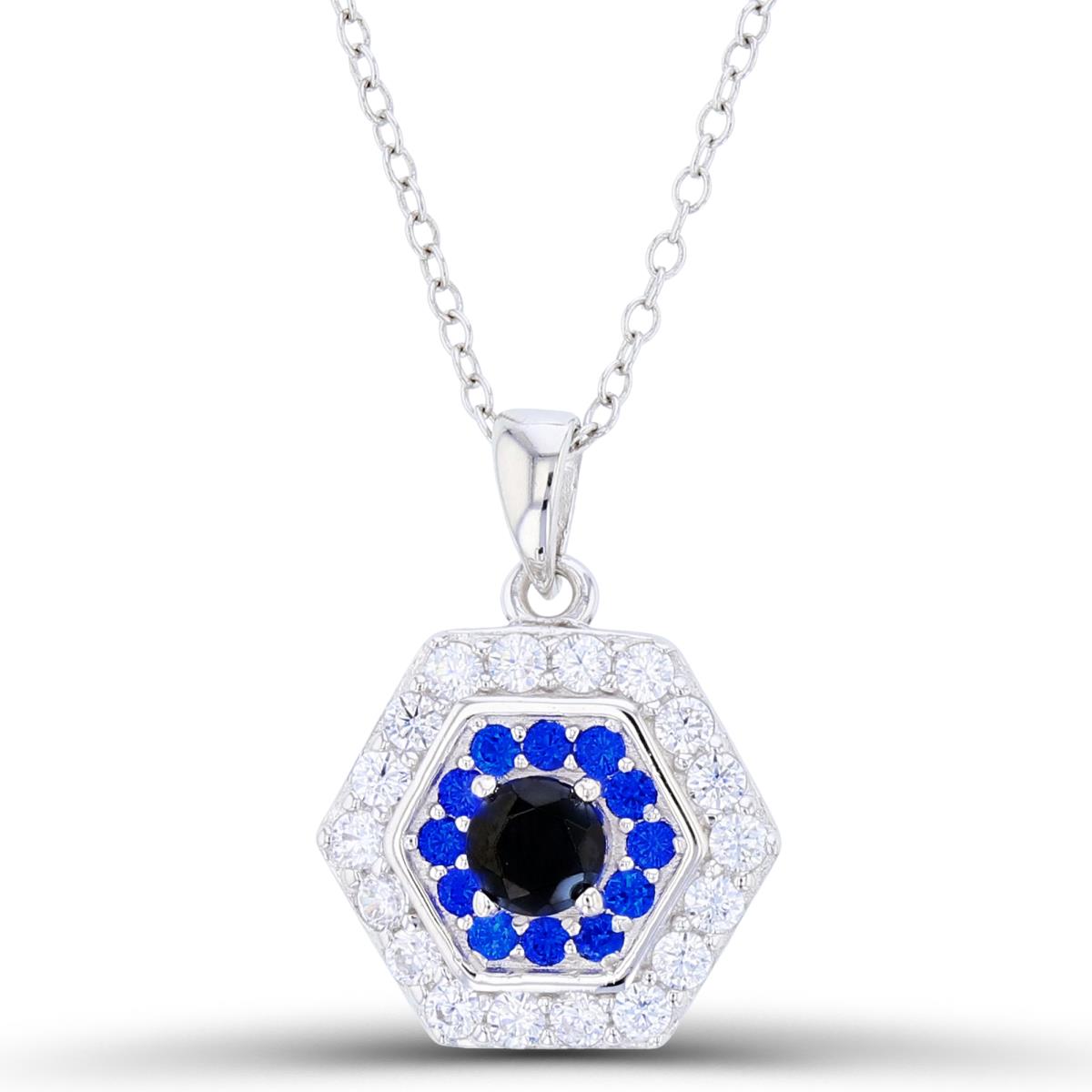 Sterling Silver Rhodium 4mm Rnd Black Center / White CZ & Rnd #113 Blue Spinel Hexagon 16+2"Necklace