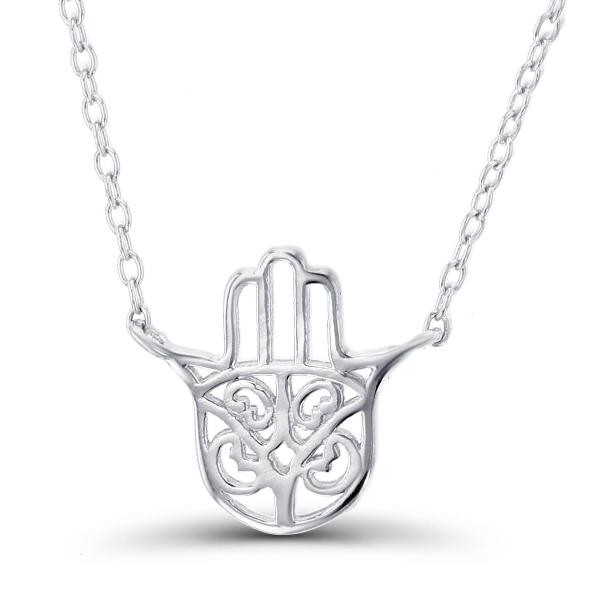 Sterling Silver Rhodium High Polish Ornament Hamsa 16+2"Necklace