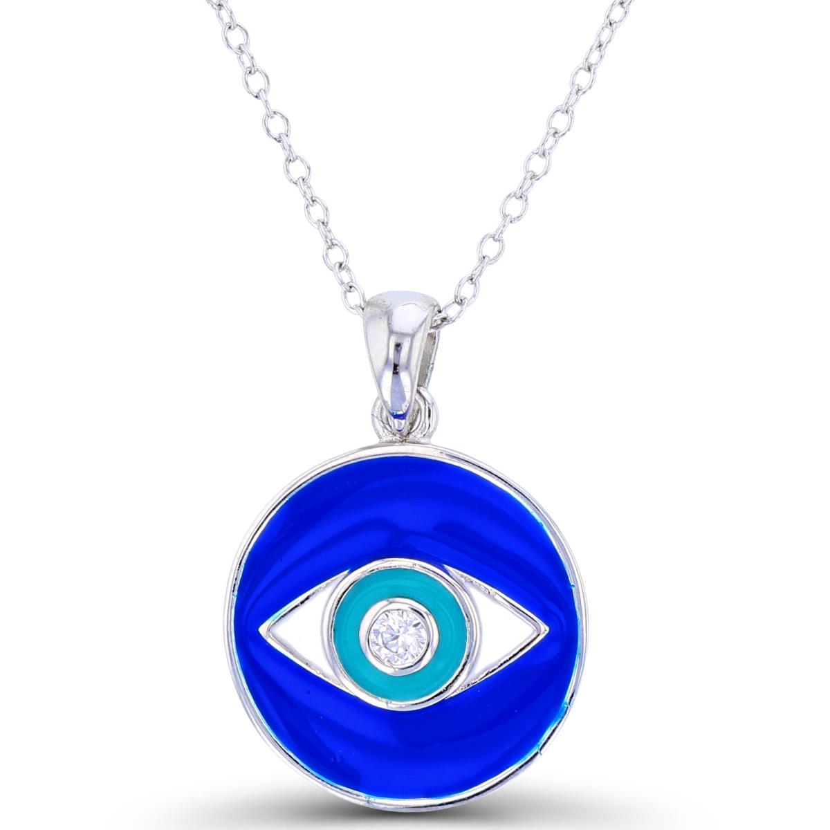 Sterling Silver Rhodium 23x16mm  Bezel Rnd White CZ /Enamel Evil Eye on D-Blue Enamel Circle 16+2"Necklace