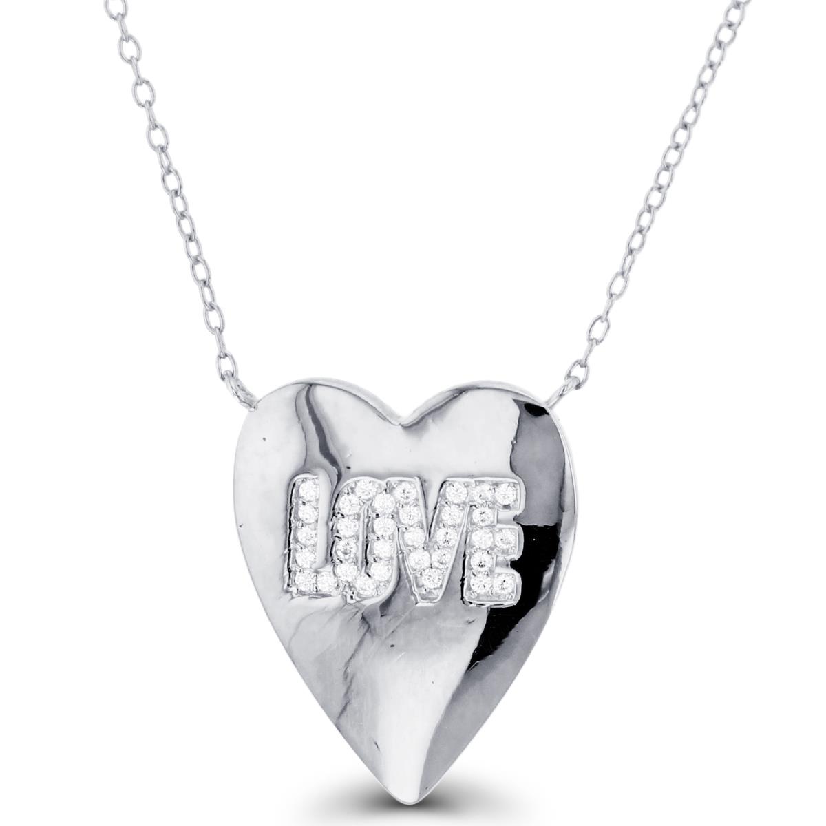 Sterling Silver Rhodium Rnd White CZ "LOVE" Dome Heart 16+2"Necklace