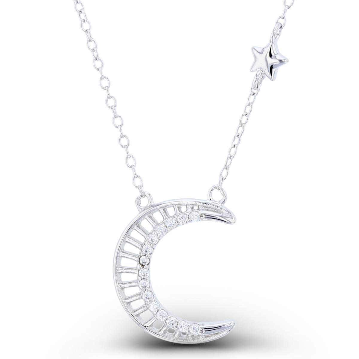 Sterling Silver Rhodium Rnd White CZ Textured Moon & High Polish Stars Station 16+2"Necklace