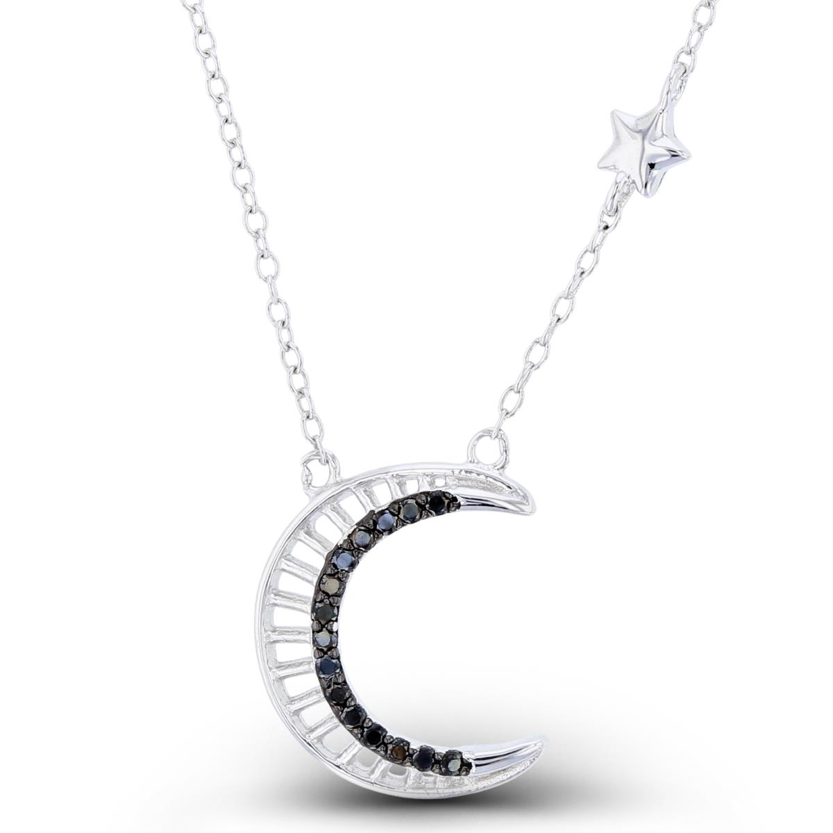 Sterling Silver Two-Tone Rnd Black Spinel Textured Moon & High Polish Stars Station 16+2"Necklace