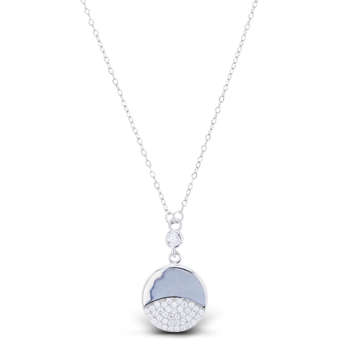 Sterling Silver Rhodium Half High Polish & Half Micropave Rnd White CZ Circle 16+2"Necklace