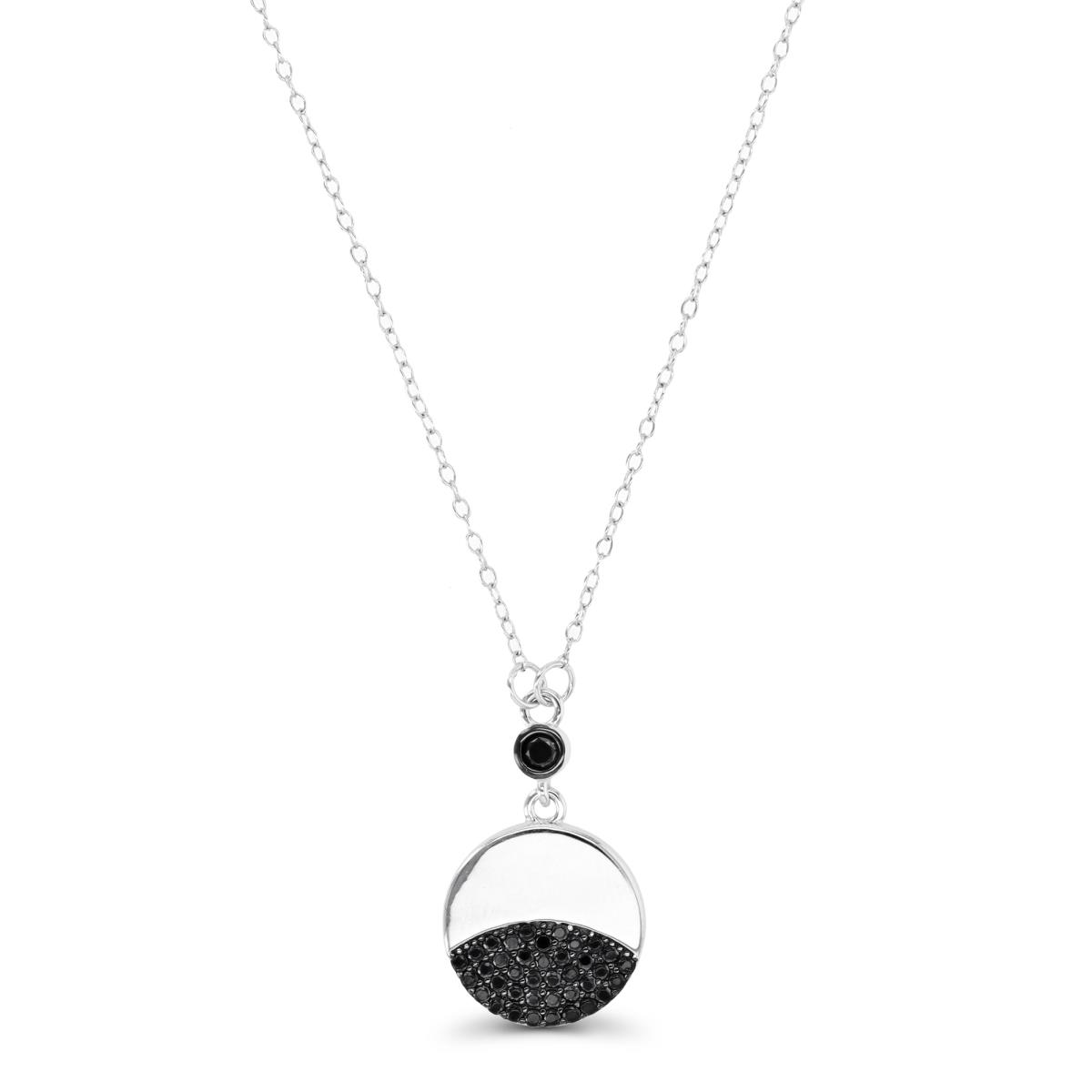 Sterling Silver Two-Tone Half High Polish & Half Micropave Rnd Black Spinel Circle 16+2"Necklace