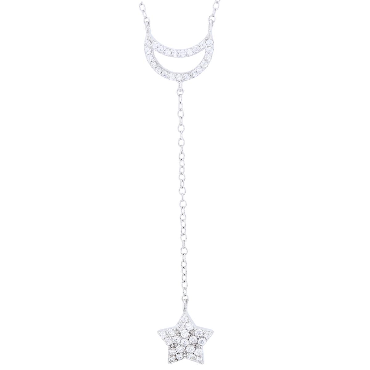 Sterling Silver Rhodium Rnd White CZ Moon with Star Dangling on 1.5"Spool 16+2"Necklace