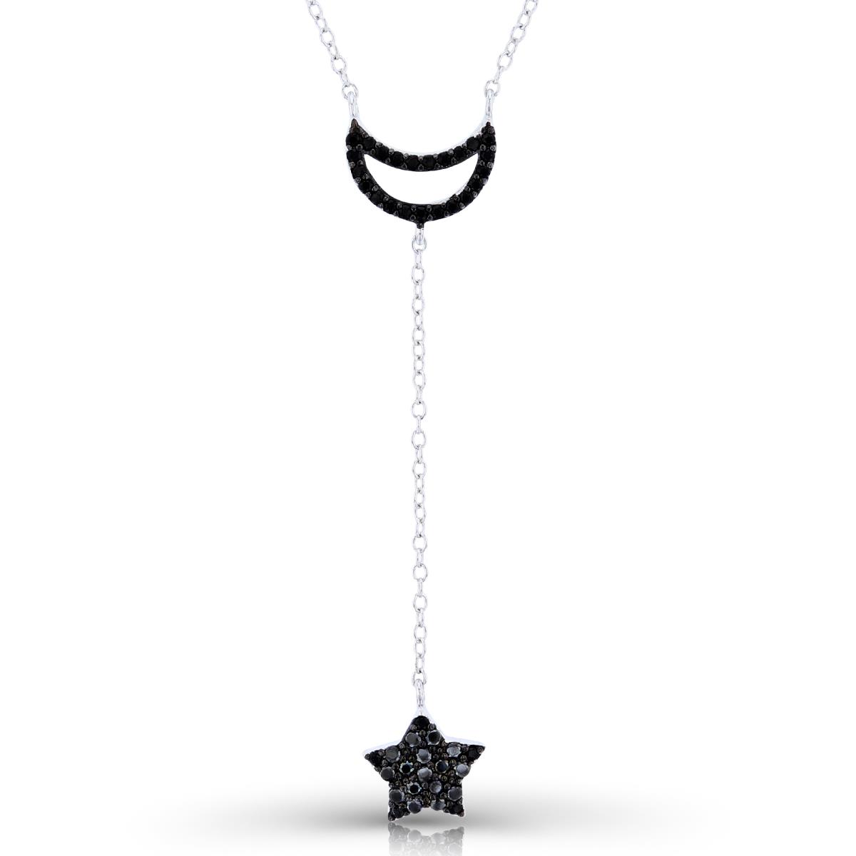 Sterling Silver Two-Tone Rnd Black CZ Moon with Star Dangling on 1.5"Spool 16+2"Necklace