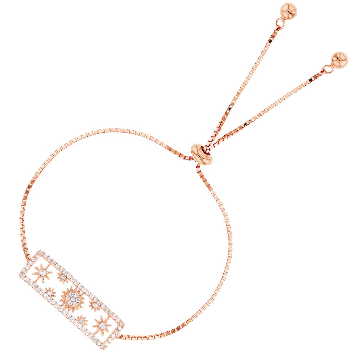 Sterling Silver Rose Rnd White CZ Rectangle Bar Adjustable Bolo Bracelet
