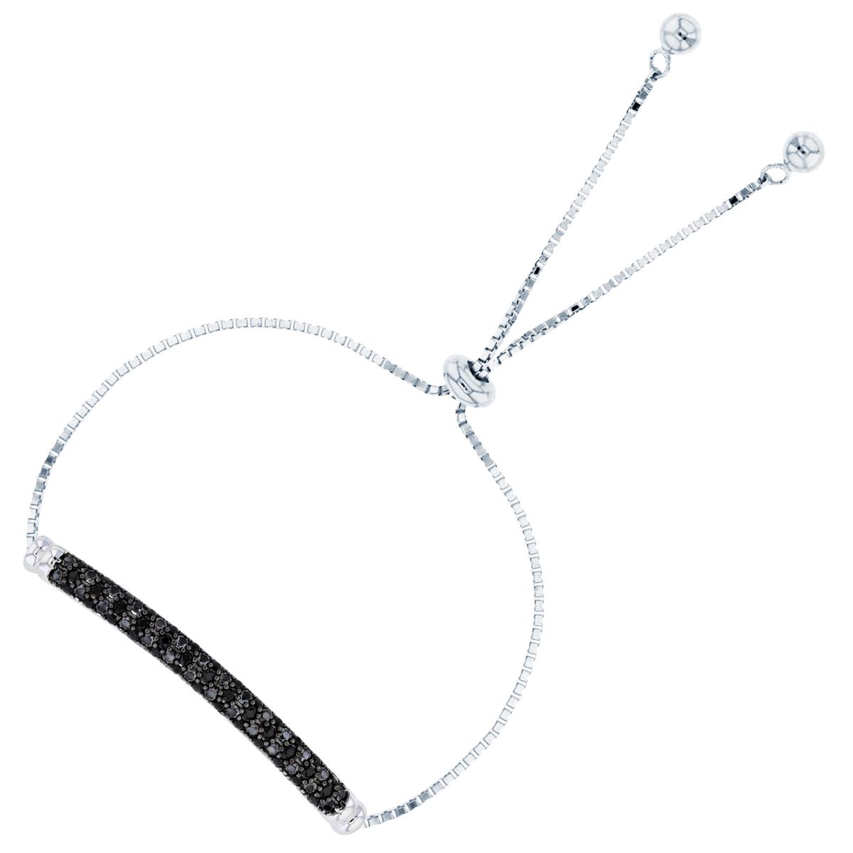 Sterling Silver Two-Tone Rnd Black Spinel Pave Bar Adjustable Bolo Bracelet