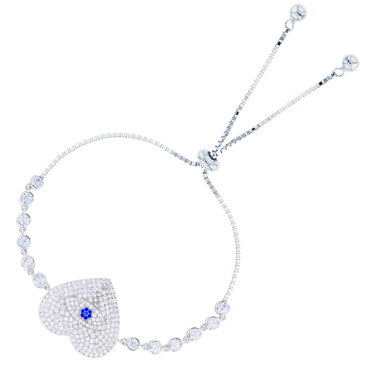 Sterling Silver Rhodium Rd White & #113 Blue Spinel CZ Heart & Rd White CZ Bezel Circles on Sides Adjustable Chained Bolo Bracelet