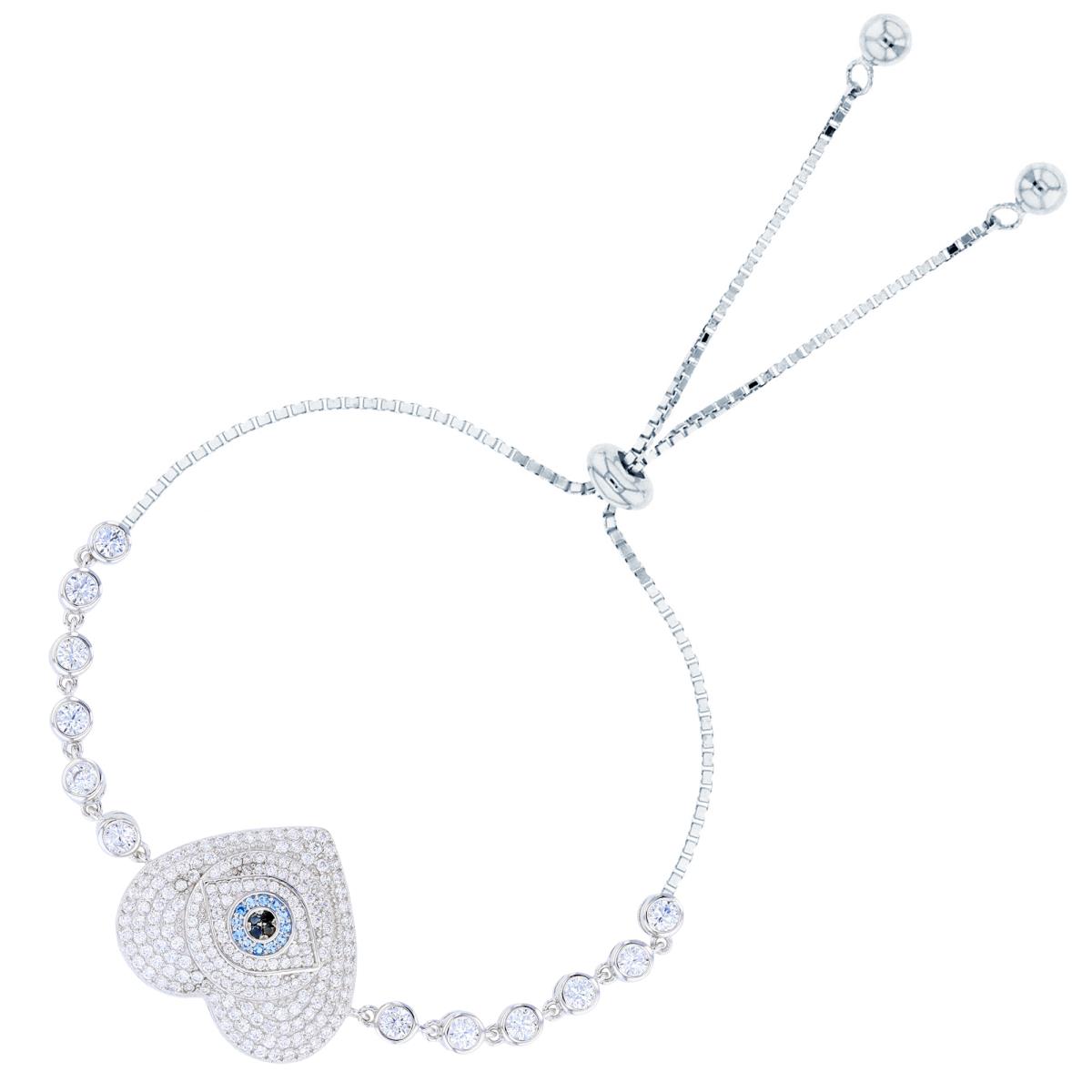 Sterling Silver Rhodium Rd White/ Black/ #119 Blue Spinel CZ Heart & Rd White CZ Bezel Circles on Sides Adjustable Chained Bolo Bracelet