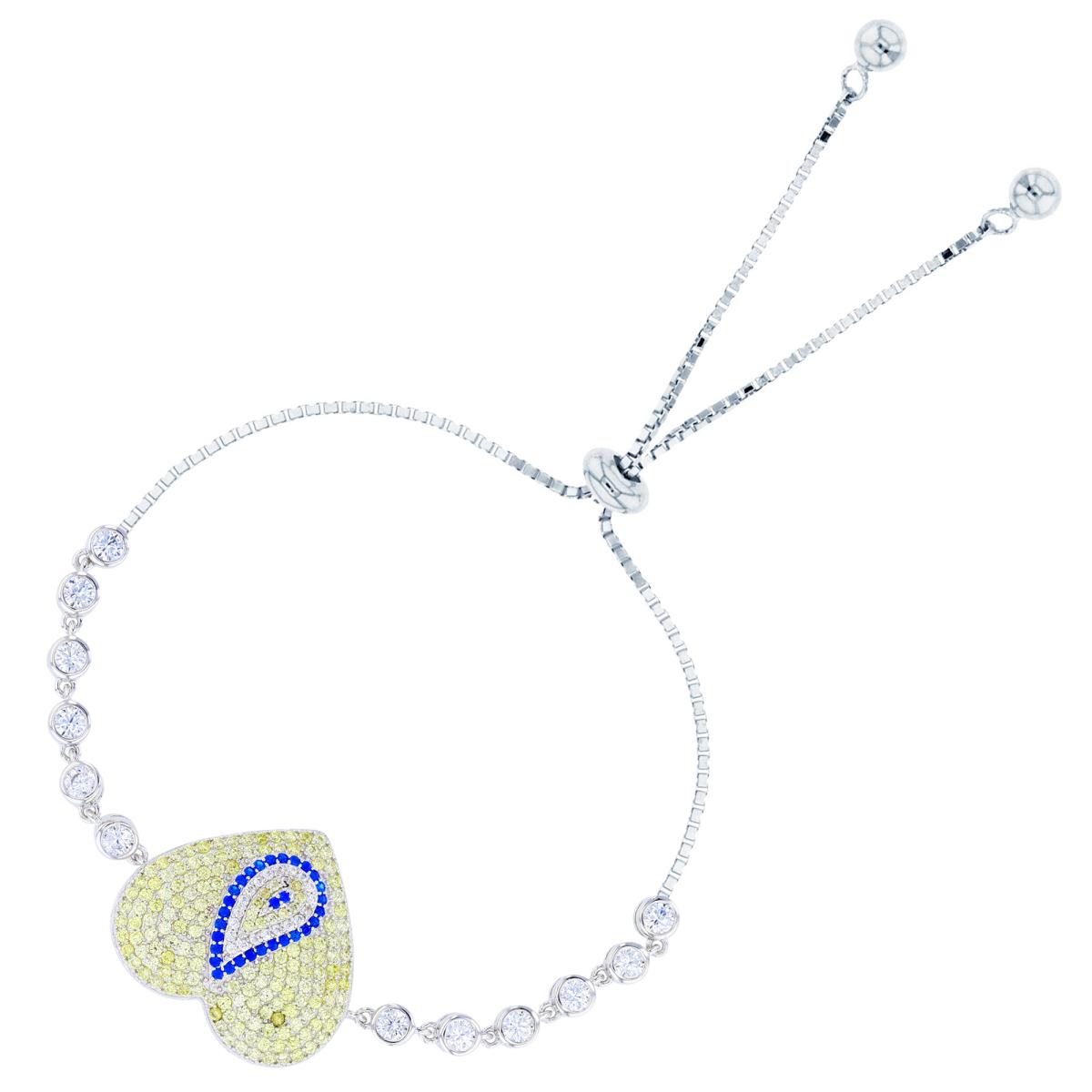 Sterling Silver Rhodium Rd White/ Yellow & #113 Blue Spinel CZ Heart & Rd White CZ Bezel Circles on Sides Adjustable Chained Bolo Bracelet