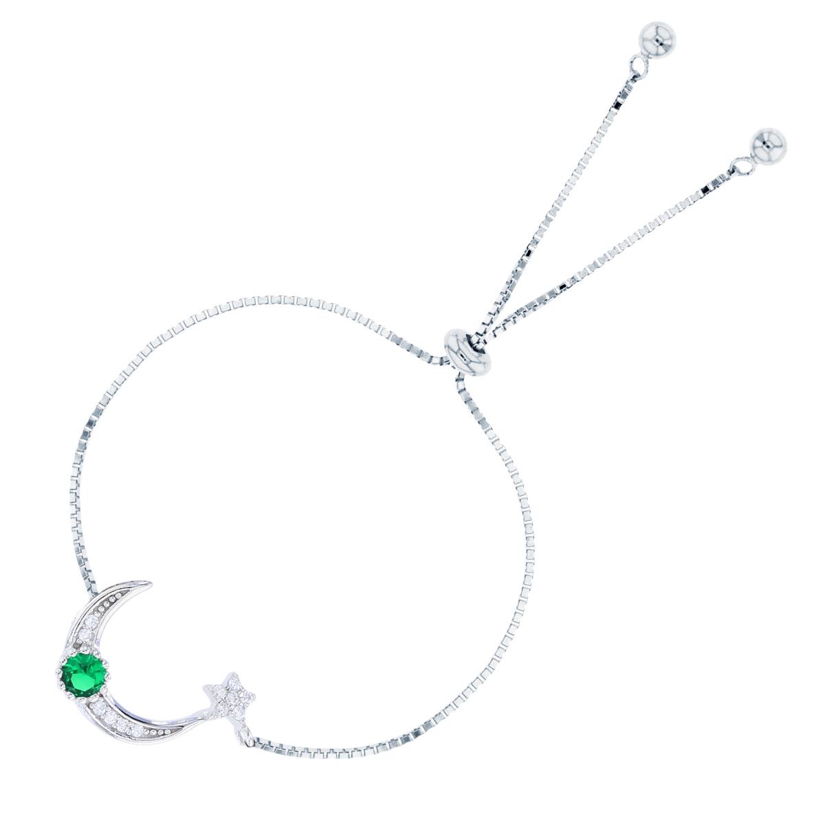 Sterling Silver Rhodium 3mm Rnd Green Nano & 1mm Rnd White CZ Moon /Star Adjustable Bolo Bracelet