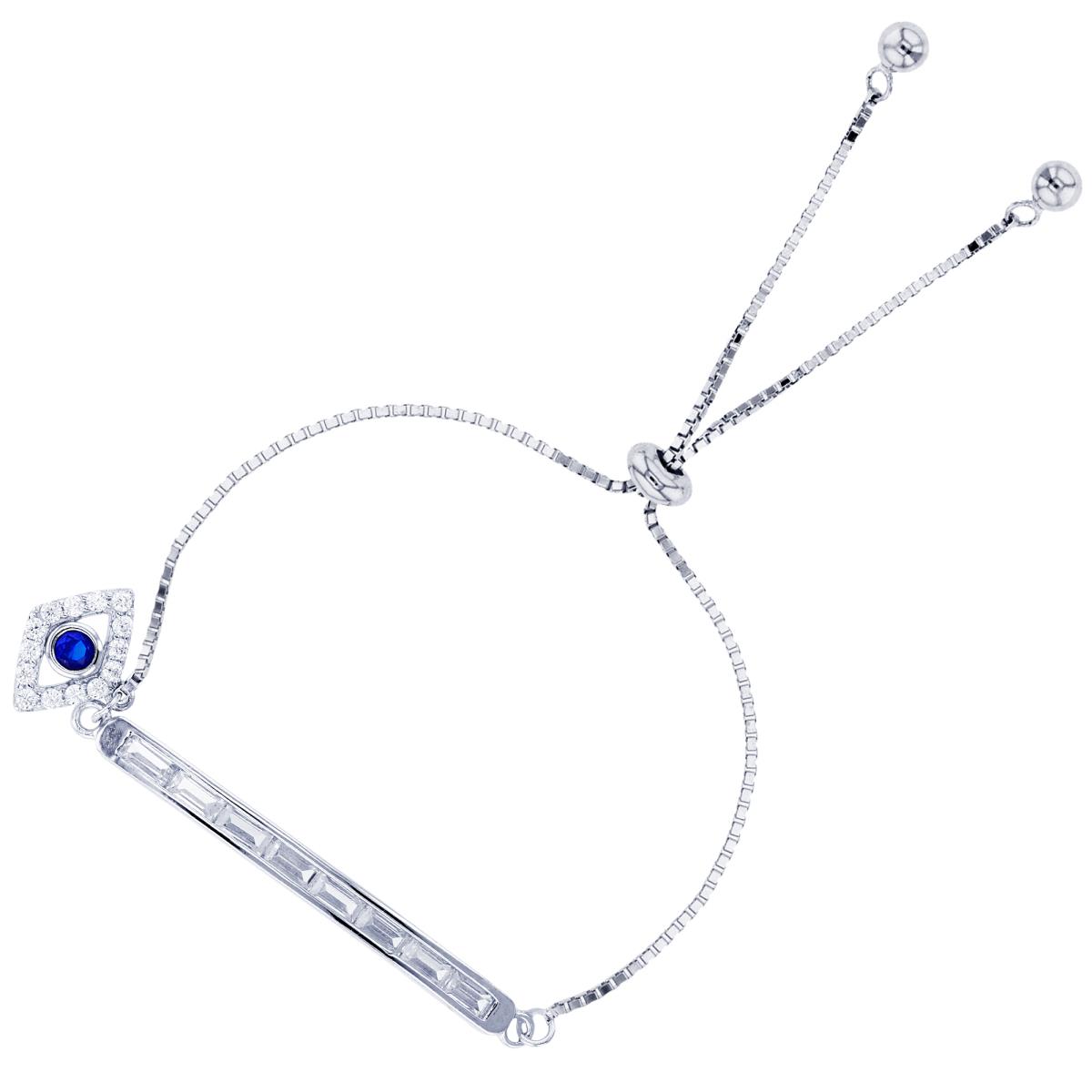 Sterling Silver Rhodium Bezel 3mm Rnd #113 Blue Spinel & Rnd/SB White CZ Dangling Evil Eye on Bar Adjustable Bolo Bracelet