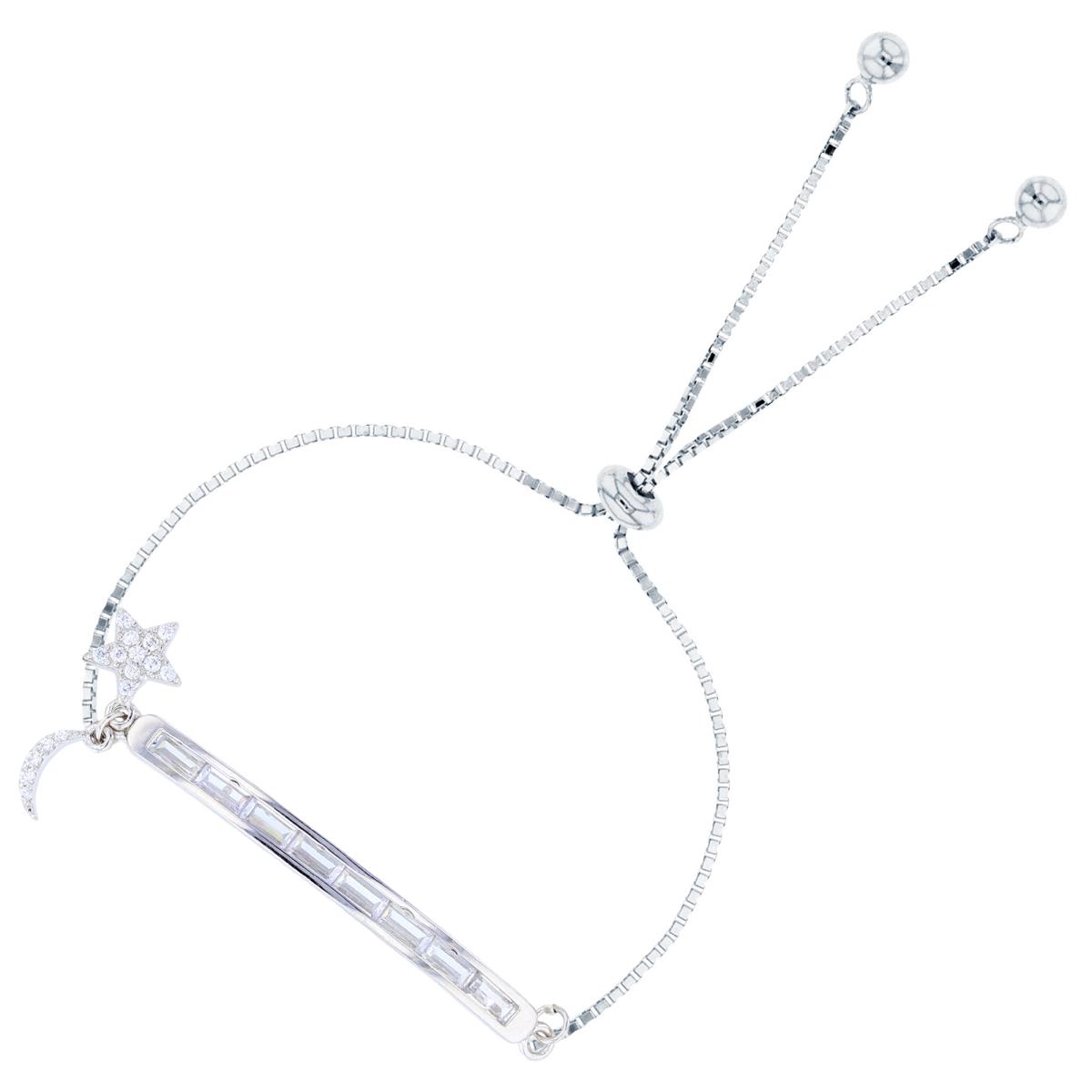 Sterling Silver Rhodium Rnd & SB White CZ Dangling Star on Channel Bar Adjustable Bolo Bracelet