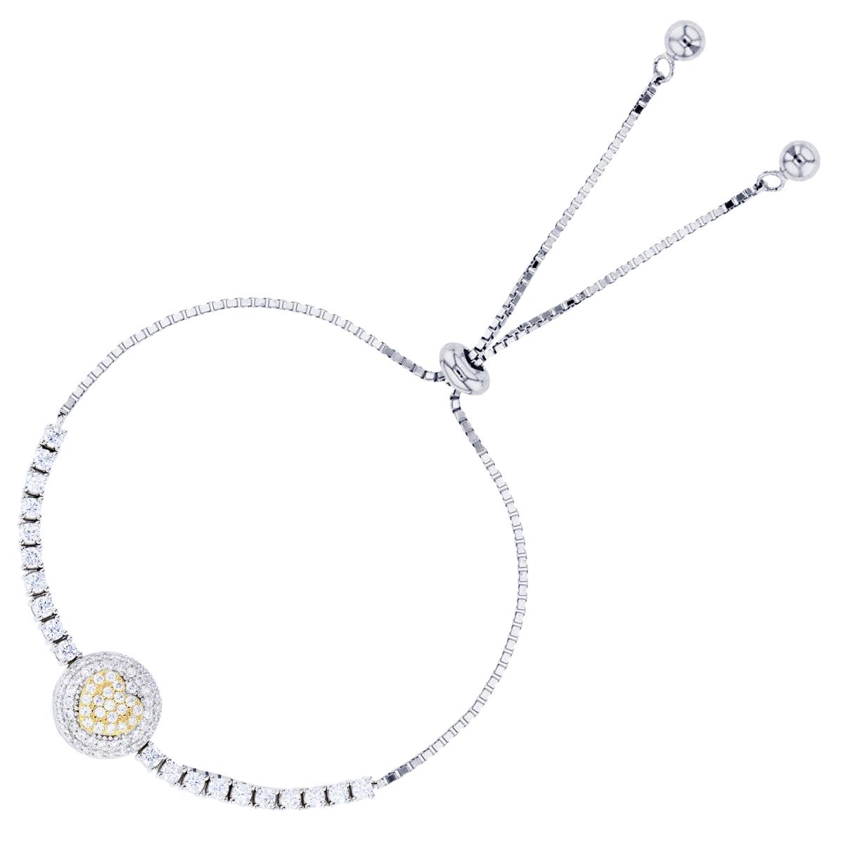 Sterling Silver Two-Tone (W/Y) Rnd White CZ Puffy Circle Cluster with Row on Sides Adjustable Bolo Bracelet