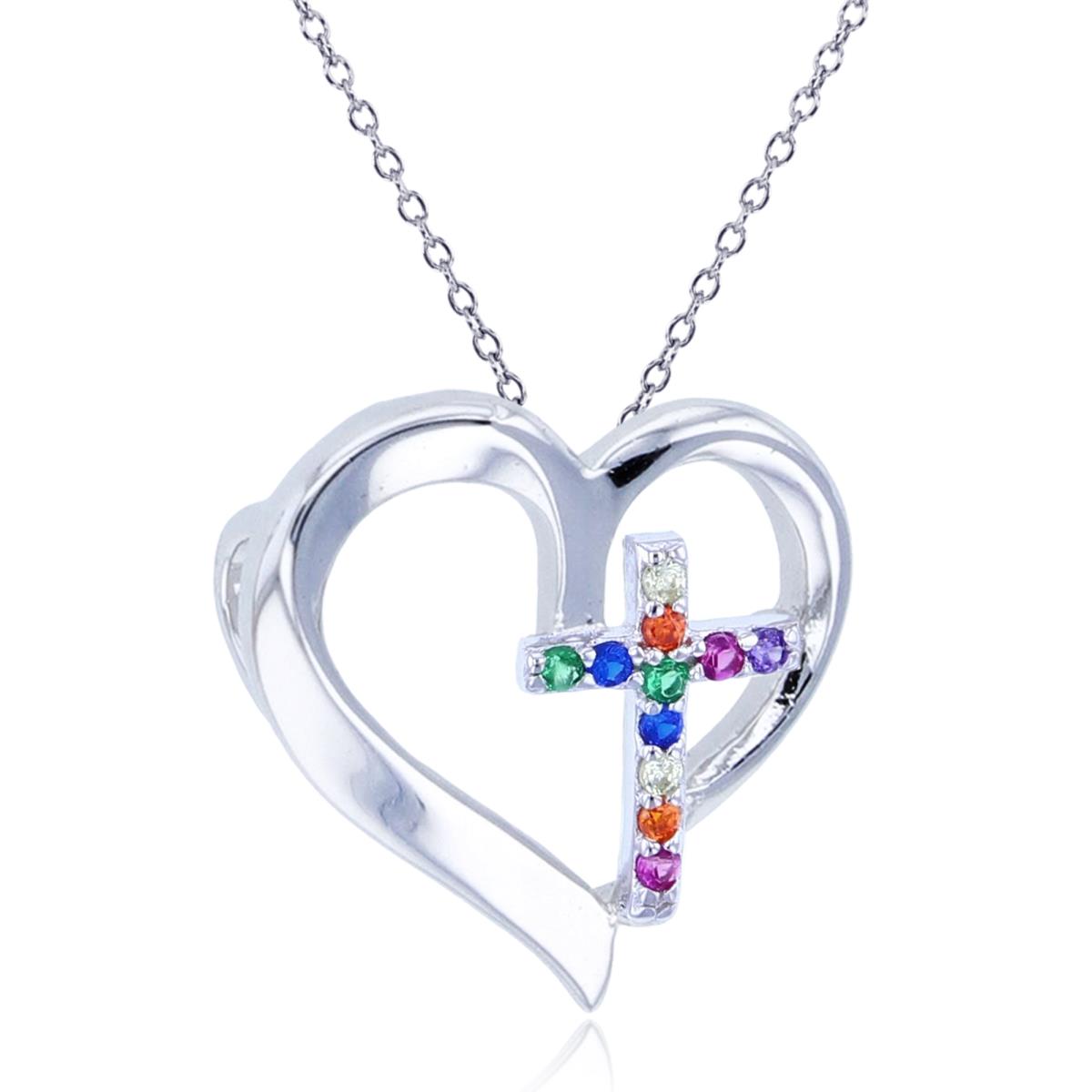 Sterling Silver Rhodium Rnd Multicolor CZ Cross & High Polish Heart 13"+2"Necklace