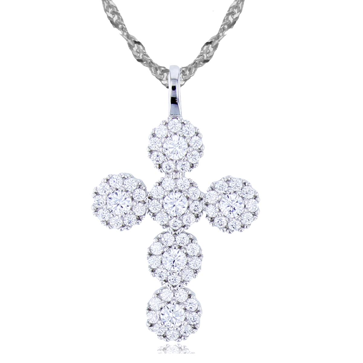 Sterling Silver Rhodium Rnd CZ Puffy Clustered Cross 18"+2" Singapore Necklace