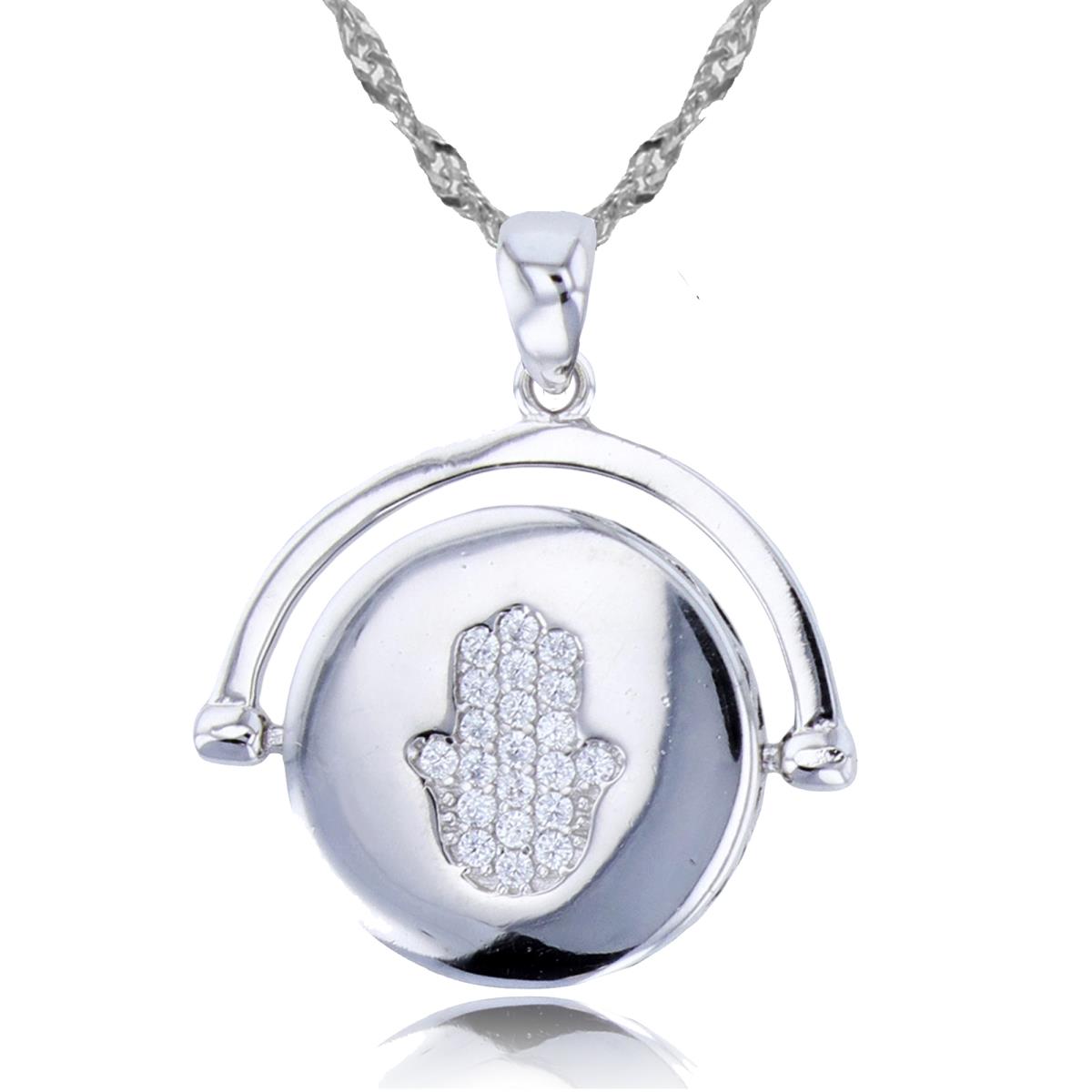 Sterling Silver Rhodium Spinning Both Side Circle with Rnd White CZ Hamsa 18"+2" Singapore Necklace