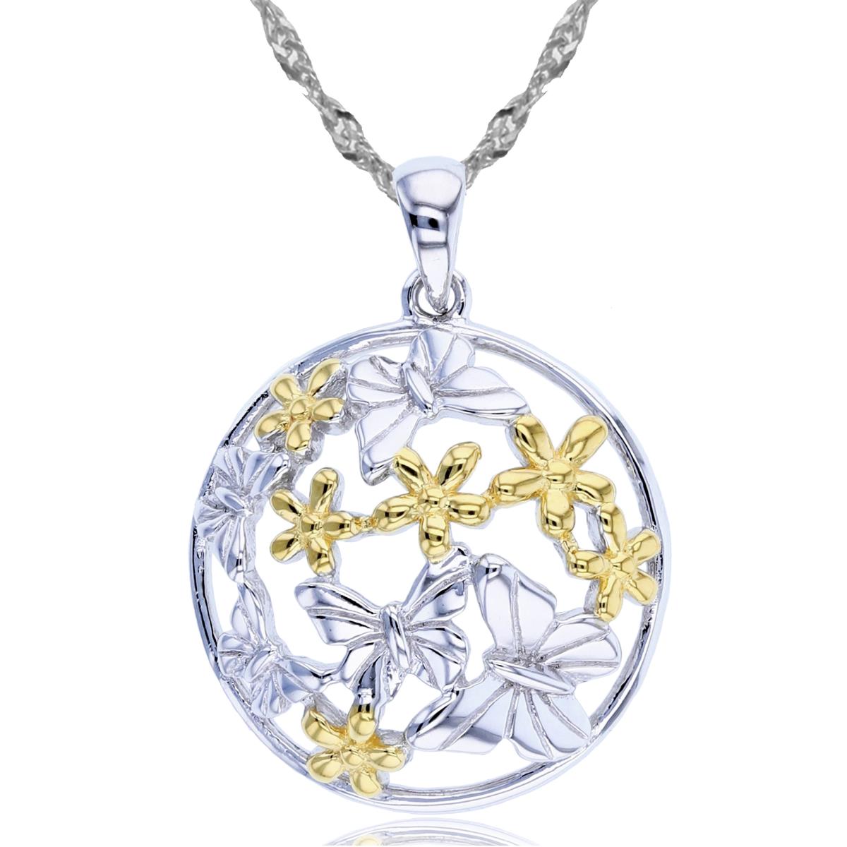 Sterling Silver Two-Tone Polish & Textured Dome Circle with Butterflies 18"+2" Singapore Necklace