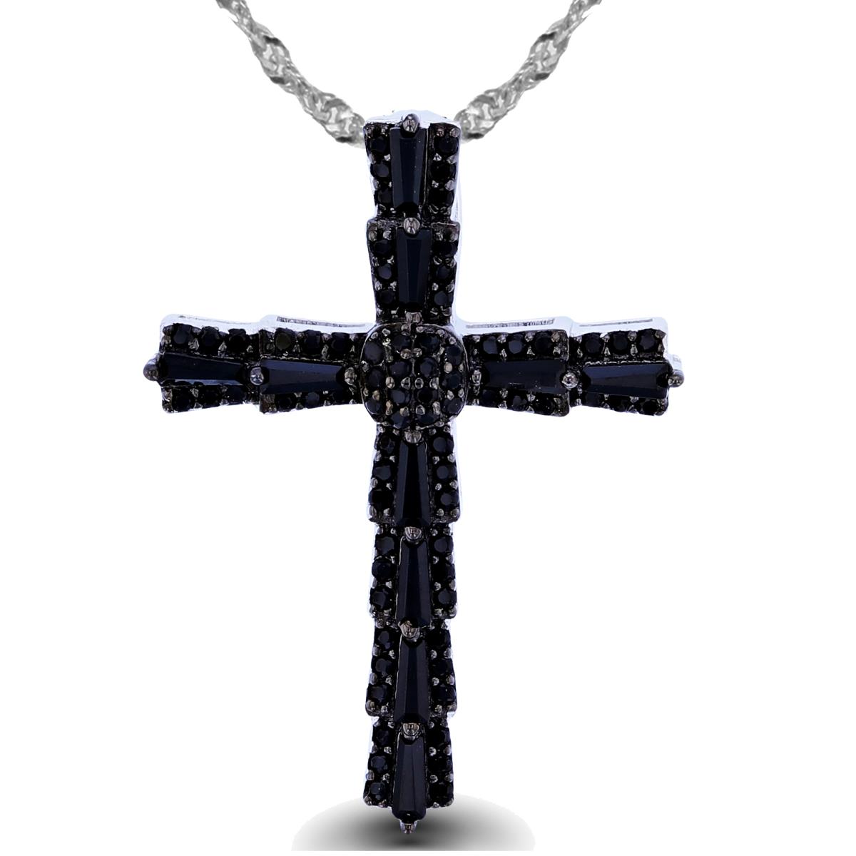 Sterling Silver Two-Tone Rnd Black Spinel Cross 18"+2" Singapore Necklace