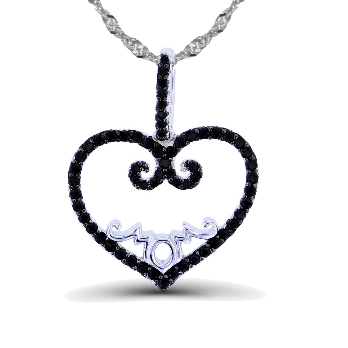 Sterling Silver Two-Tone Rnd Black Spinel Open Heart "Mom"18"+2" Singapore Necklace