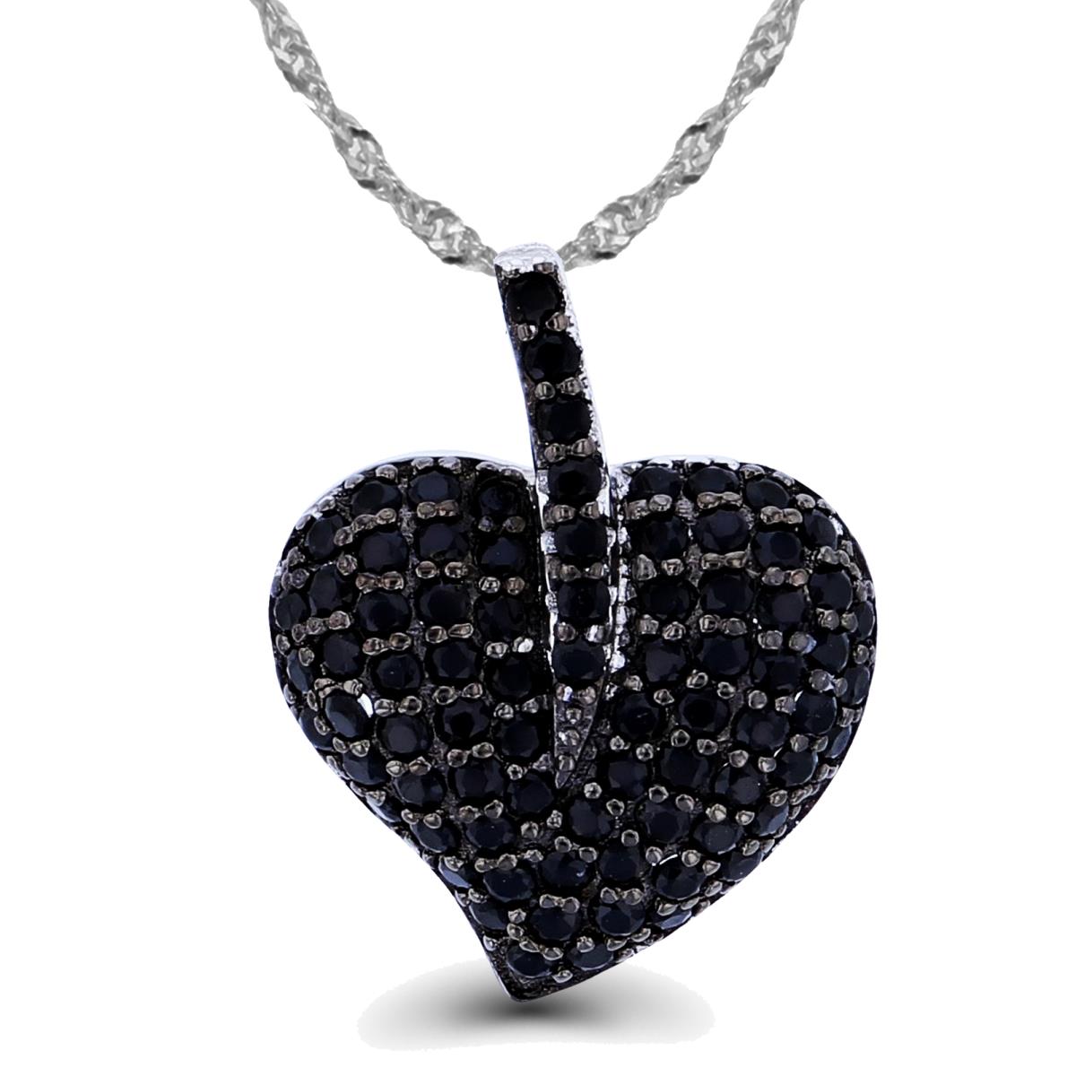 Sterling Silver Two-Tone Rnd Black Spinel Pave Leaf 18"+2" Singapore Necklace