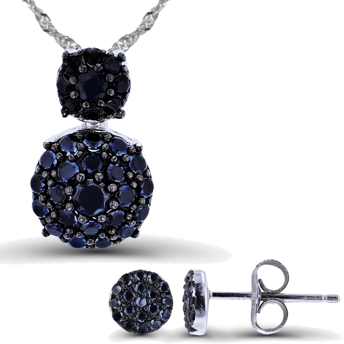 Sterling Silver Black & Rhodium Rnd Black Spinel Round 18"+2" Necklace/Earring Set