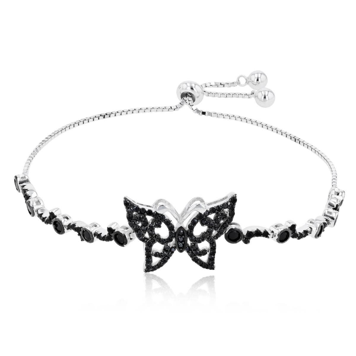 Sterling Silver Two-Tone Rnd Black Spinel Butterfly Adjustable Bolo Bracelet