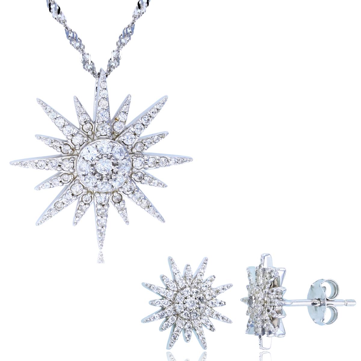 Sterling Silver Rhodium Rnd White Zircon Star 18+2" Necklace/Earring Set