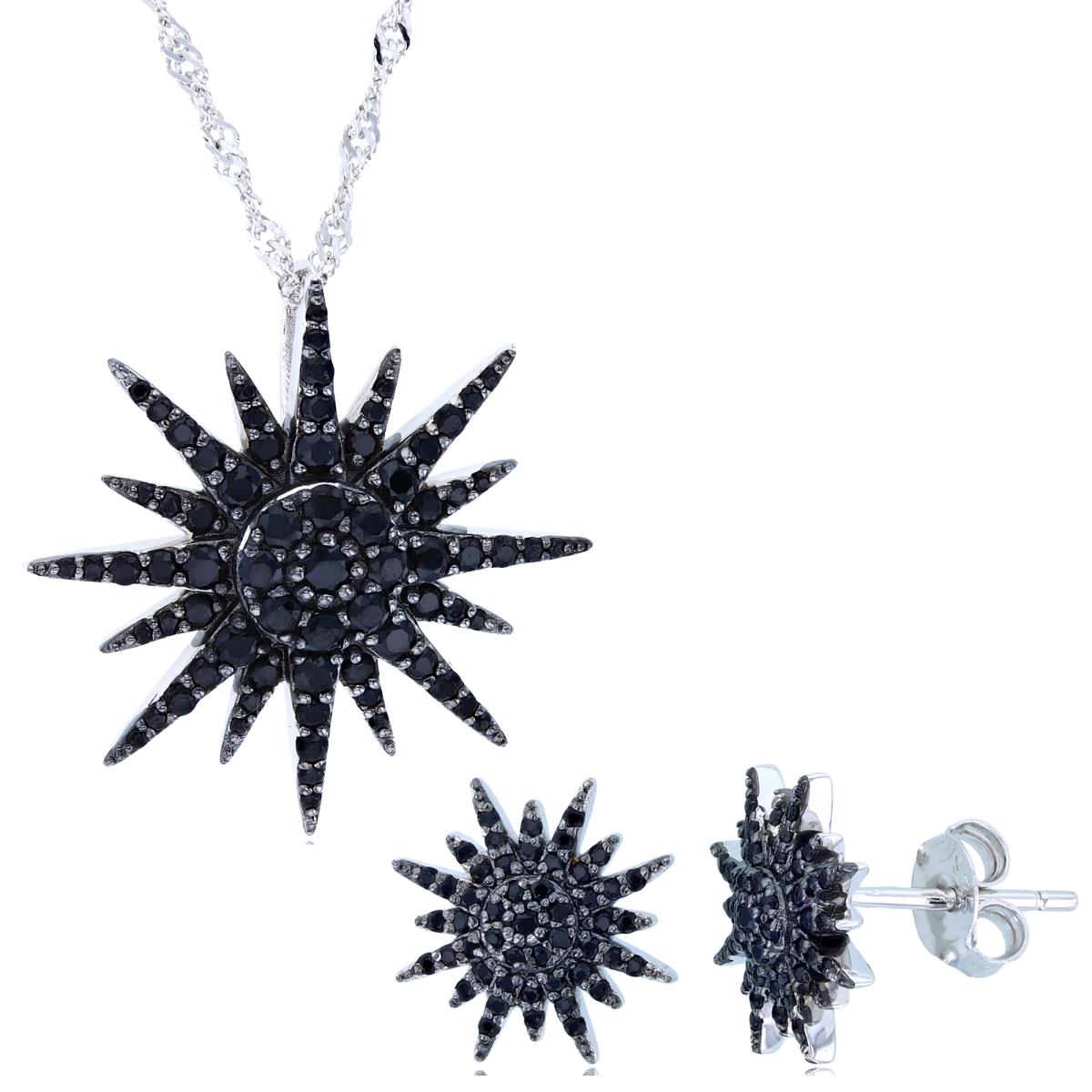 Sterling Silver Two-Tone Rnd Black Spinel Star 18+2" Necklace/Earring Set