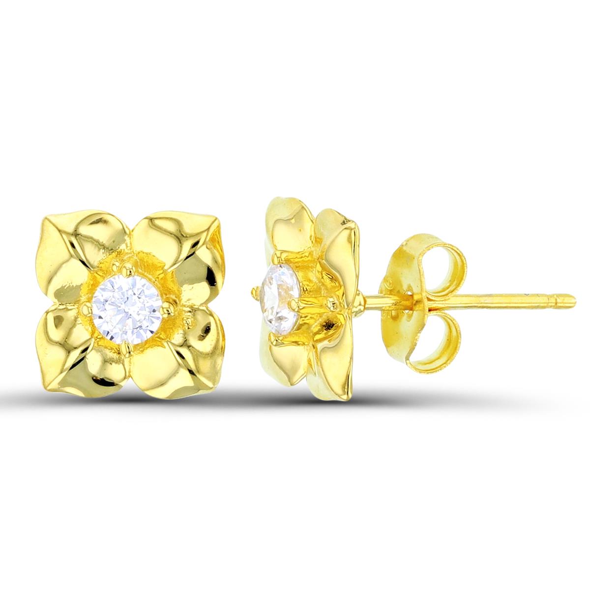 Sterling Silver+1Micron Yellow Gold Single 3.5mm Rnd White CZ Flower Studs