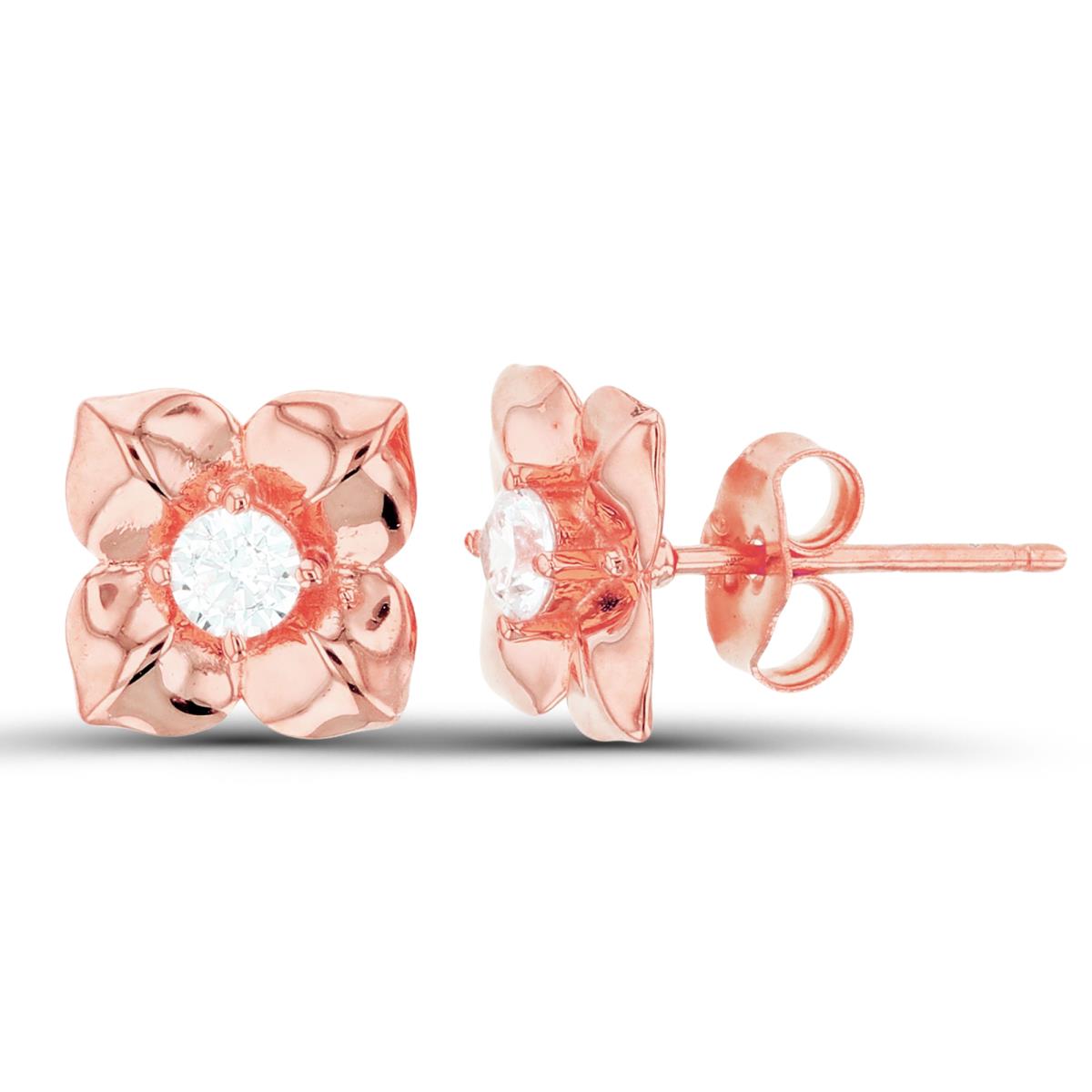 Sterling Silver+1Micron Rose Gold Single 3.5mm Rnd White CZ Flower Studs