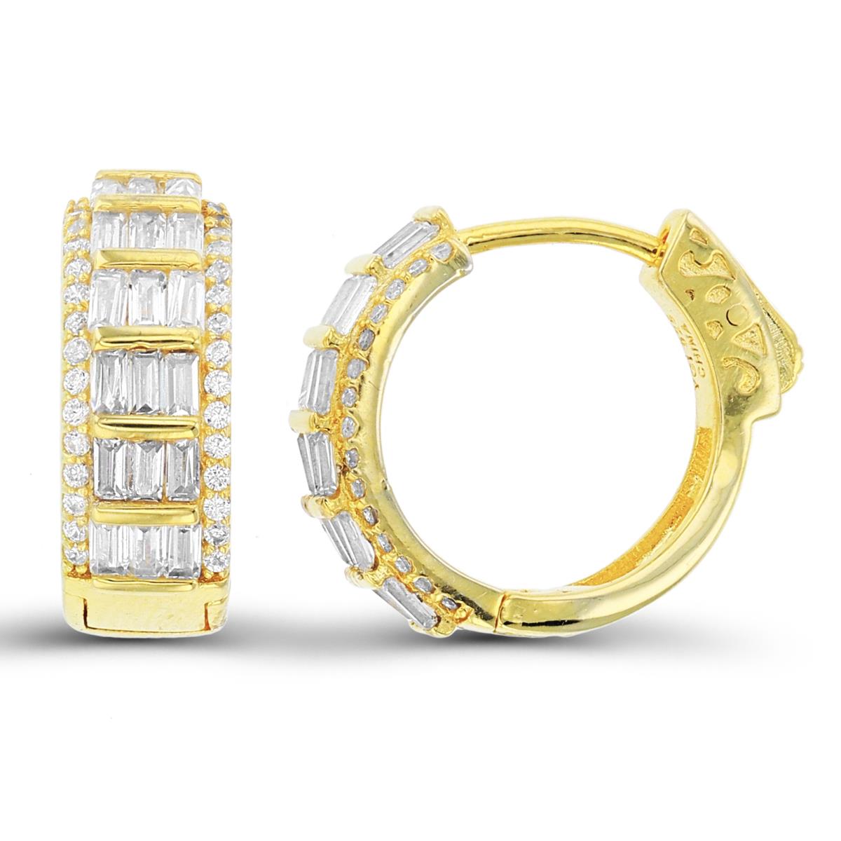 Sterling Silver+1Micron Yellow Gold SB & Rnd CZ 16x6mm Huggie Earrings