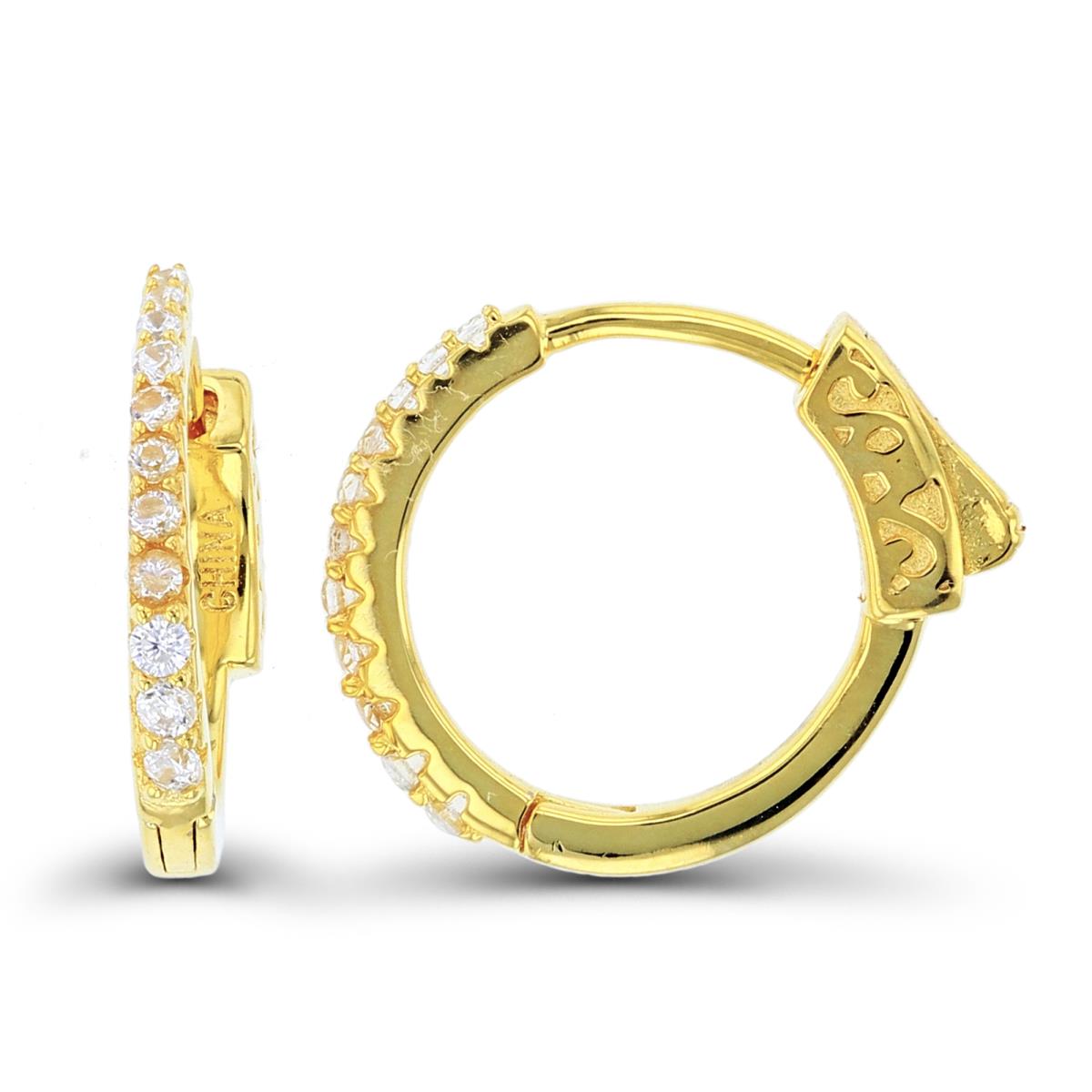 Sterling Silver+1Micron Yellow Gold Graduted Rnd White CZ Row Huggie Earrings