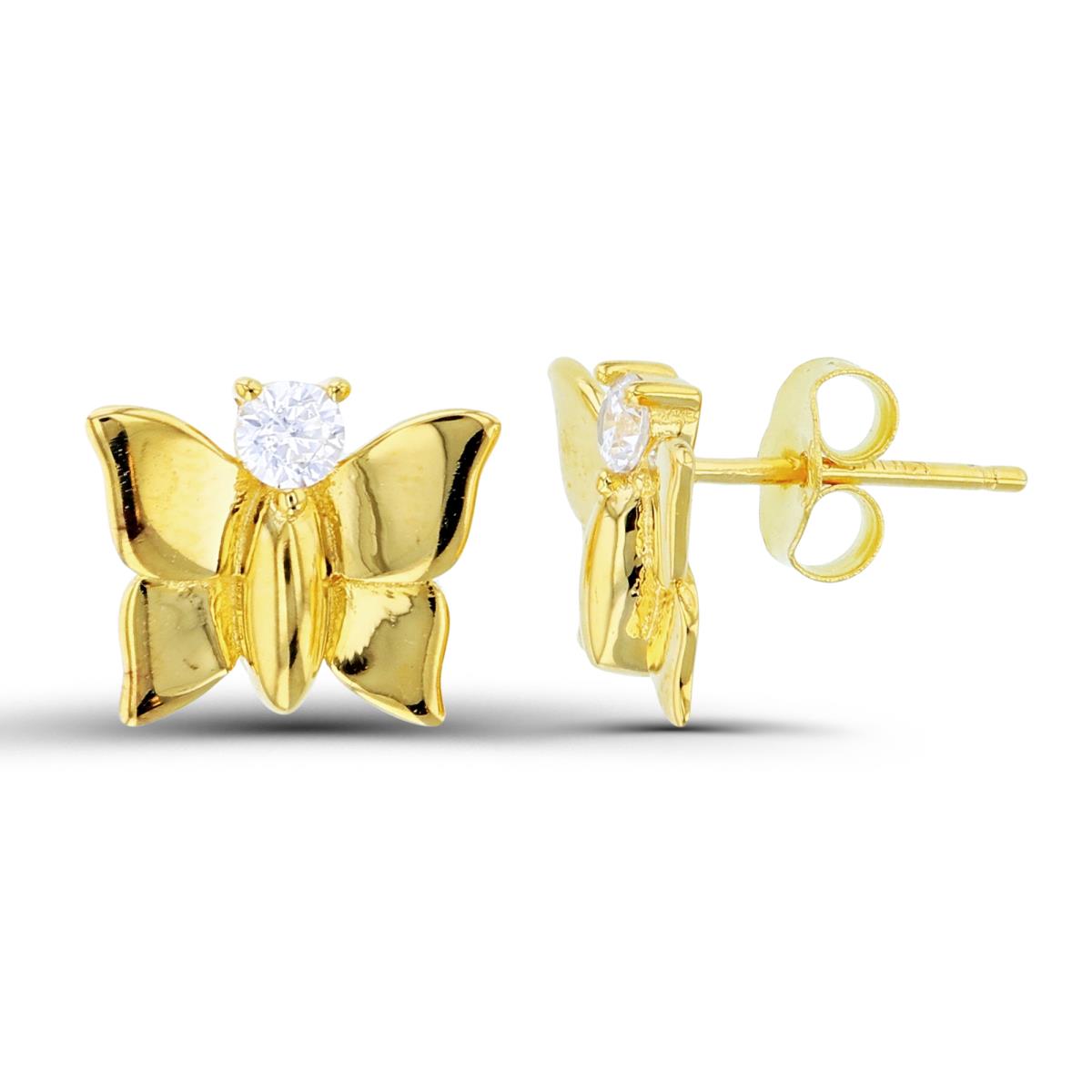 Sterling Silver+1Micron Yellow Gold Single 3mm Rnd White CZ Butterfly Studs