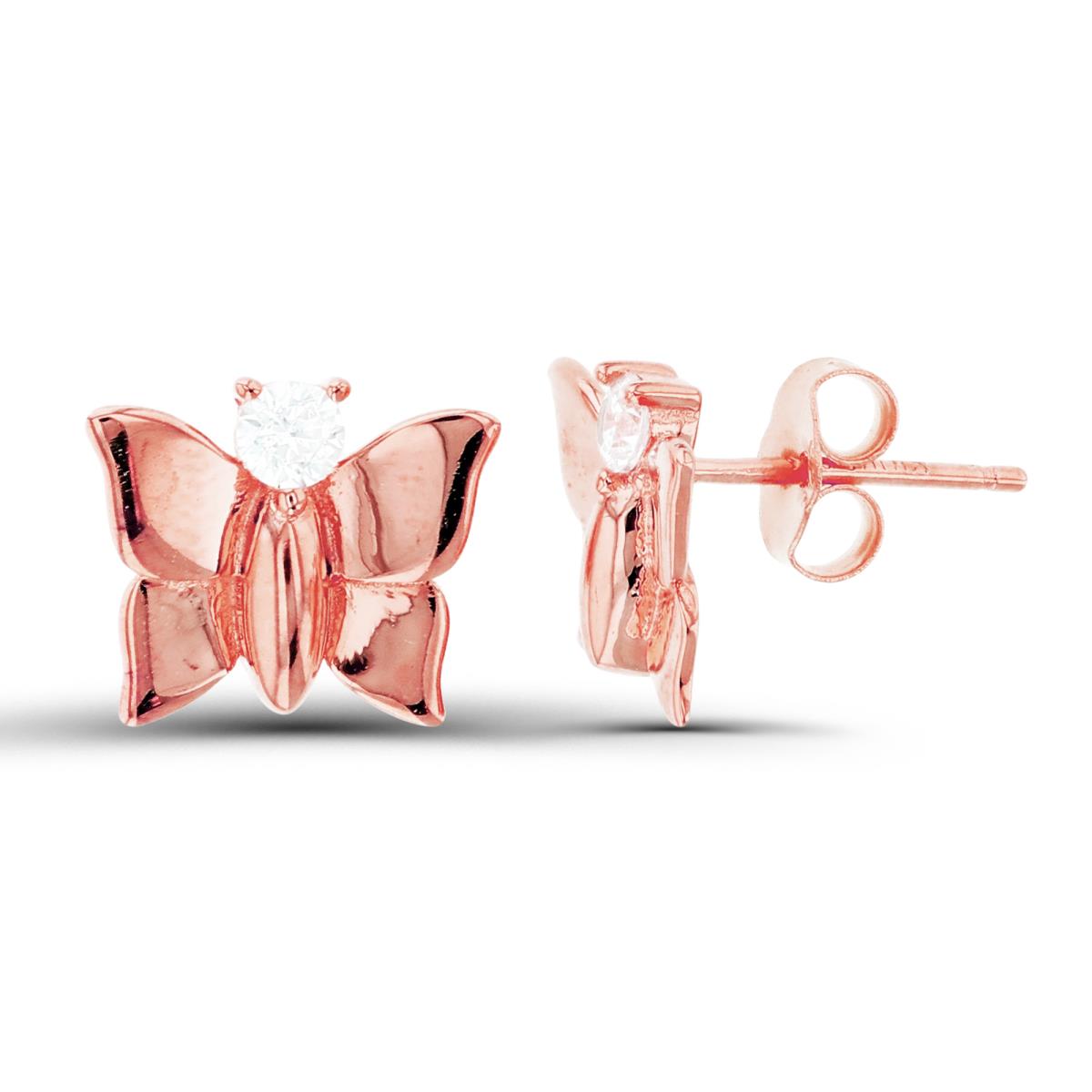Sterling Silver+1Micron Rose Gold Single 3mm Rnd White CZ Butterfly Studs