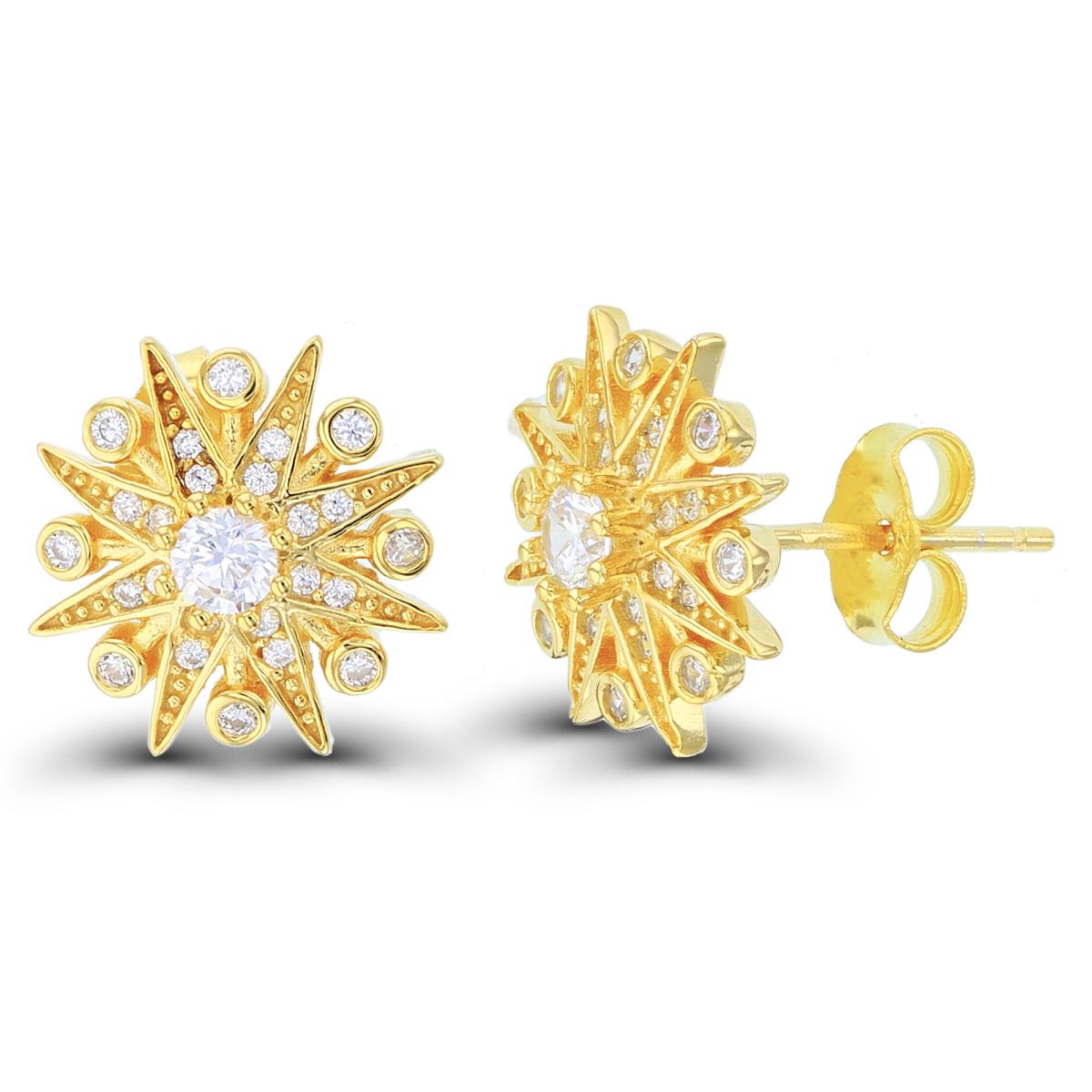 Sterling Silver+1Micron Yellow Gold Rnd White CZ Star with Bezel Circles Studs