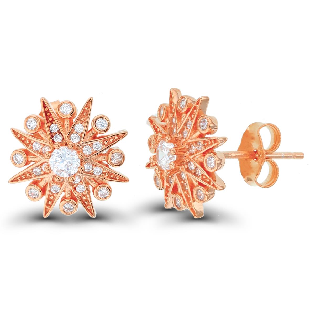Sterling Silver+1Micron Rose Gold Rnd White CZ Star with Bezel Circles Studs