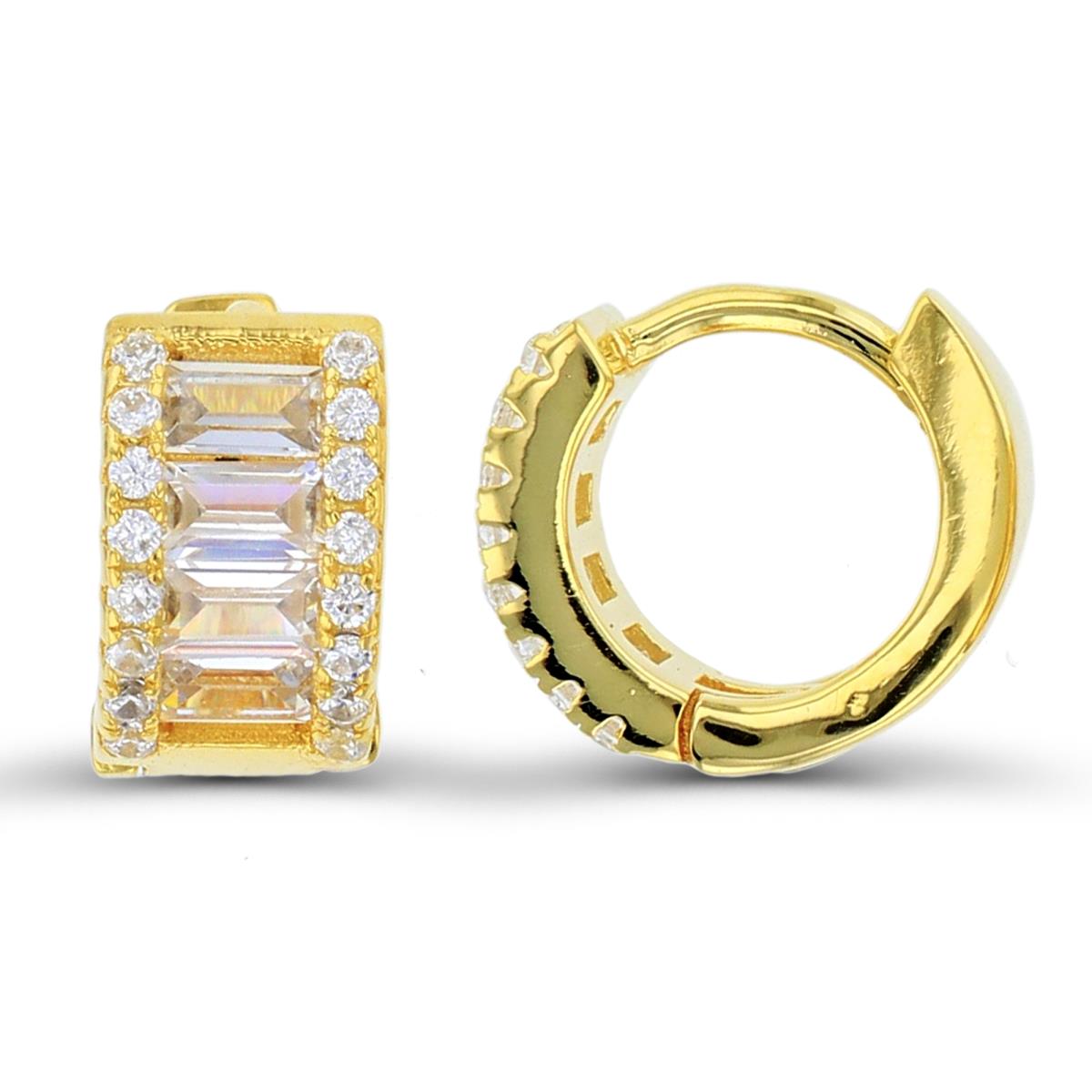 Sterling Silver 1M Yellow 3.5x2mm SB White CZ Center Row & Rnd White CZ on Side 10x5.5mm Huggie Earrings