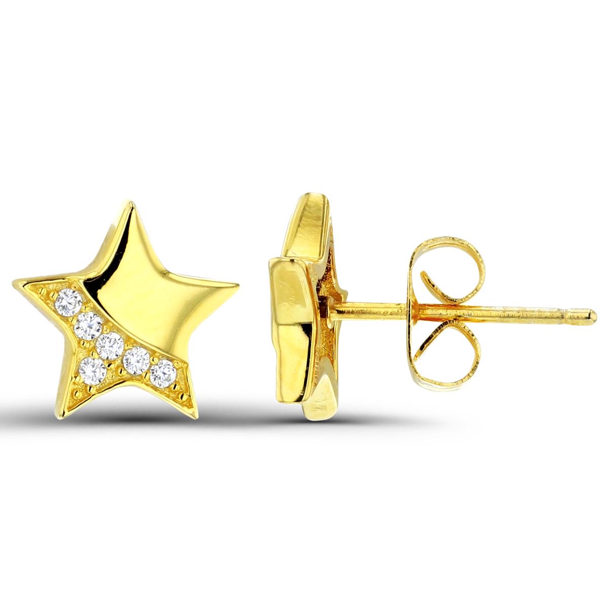 Sterling Silver+1Micron Yellow Gold Rnd White CZ & Half  High Polish Star Studs